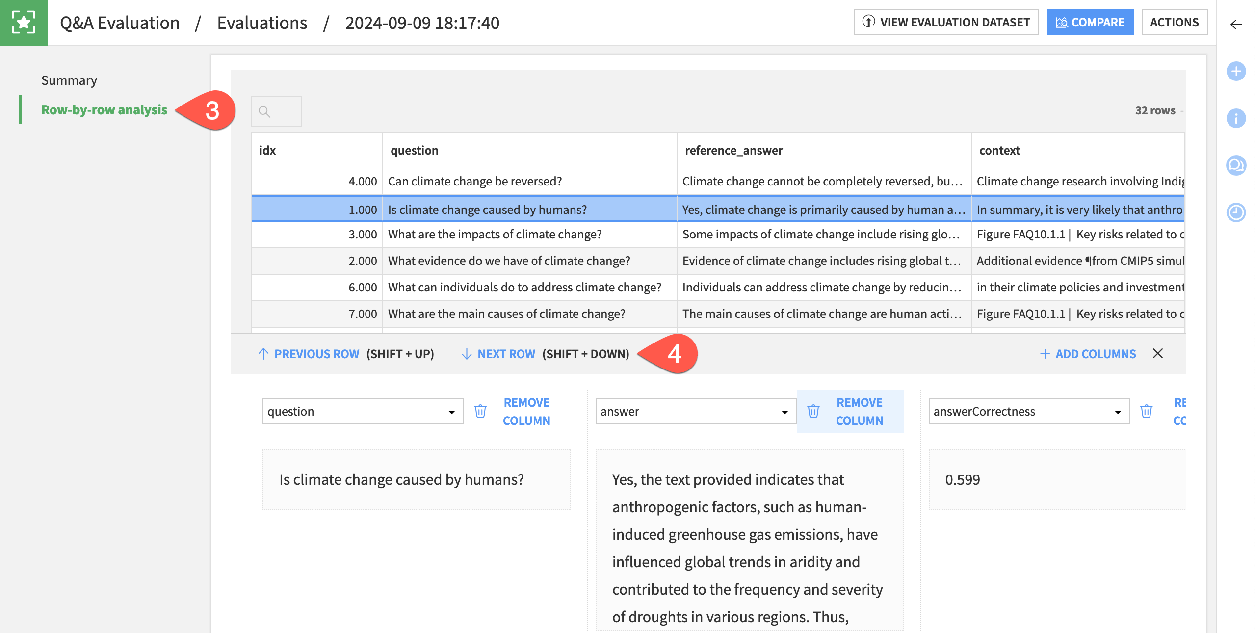 Dataiku screenshot of row by row analysis of an LLM evaluation.