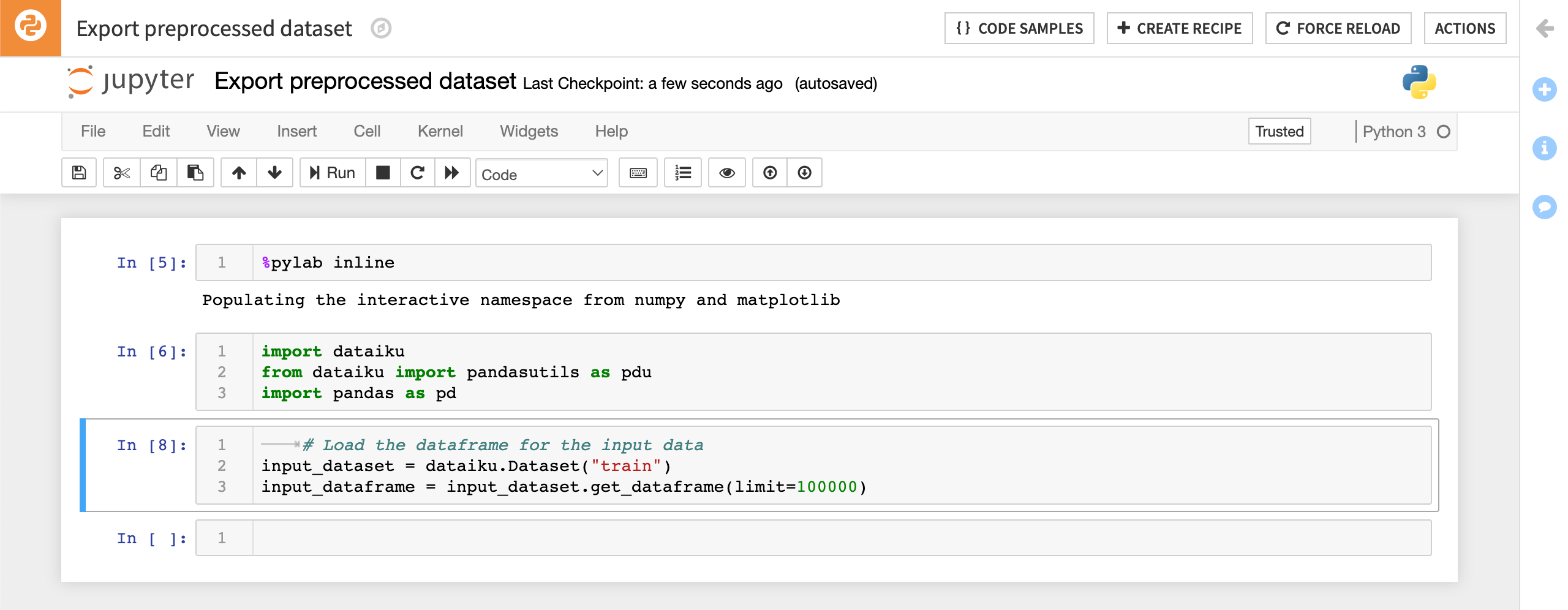 Loading the dataframe for the input data in a notebook.