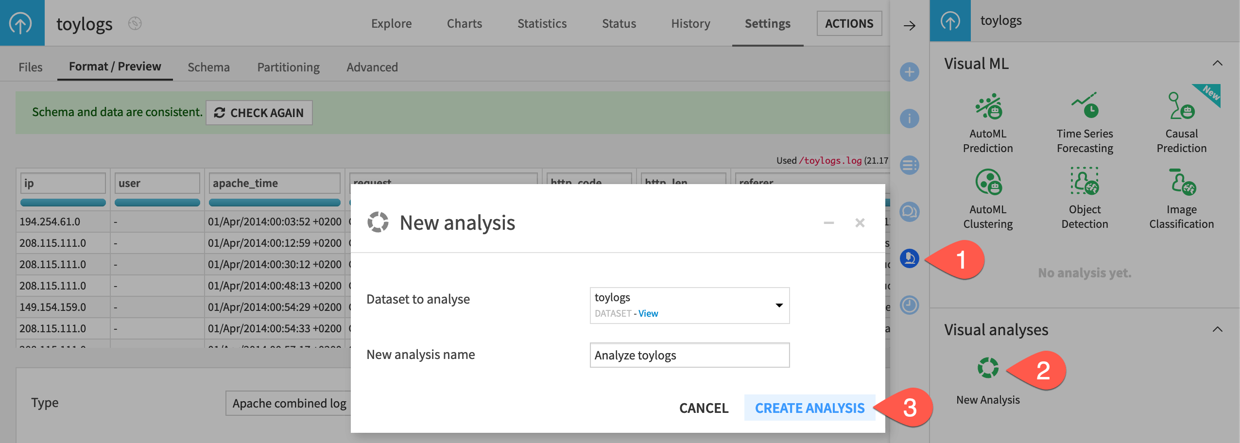 Dataiku screenshot of the dialog to create a visual analysis.