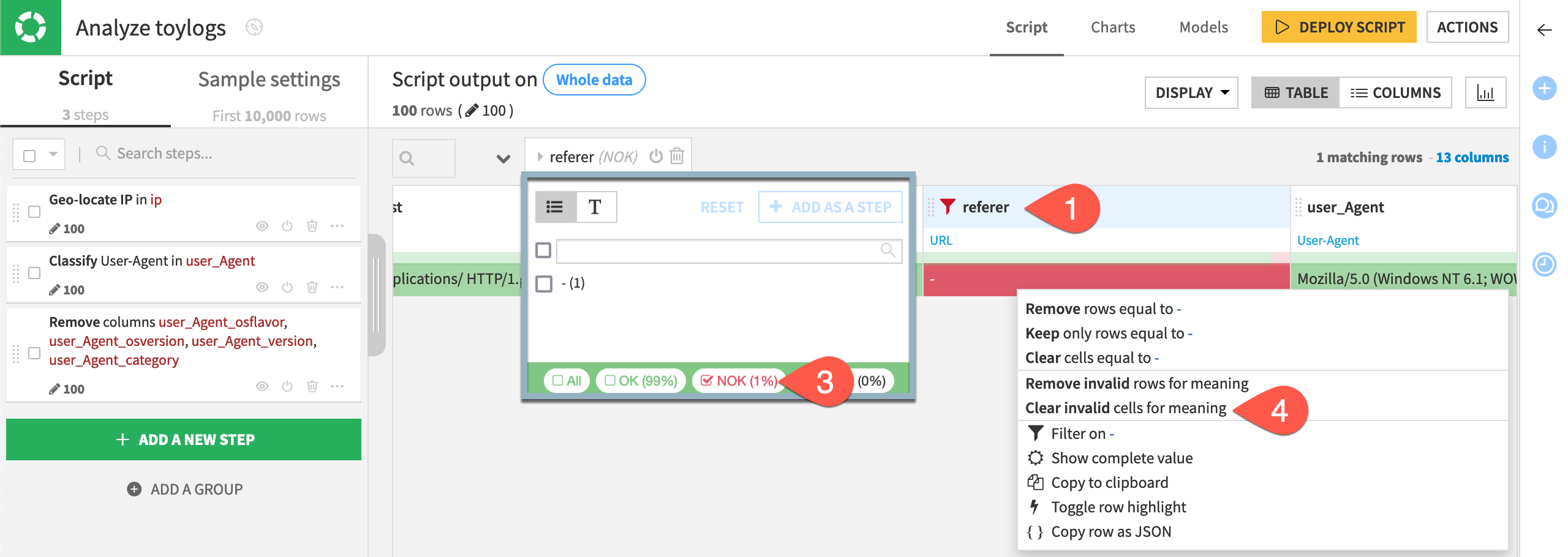 Dataiku screenshot of a dialog for clearing invalid meanings.