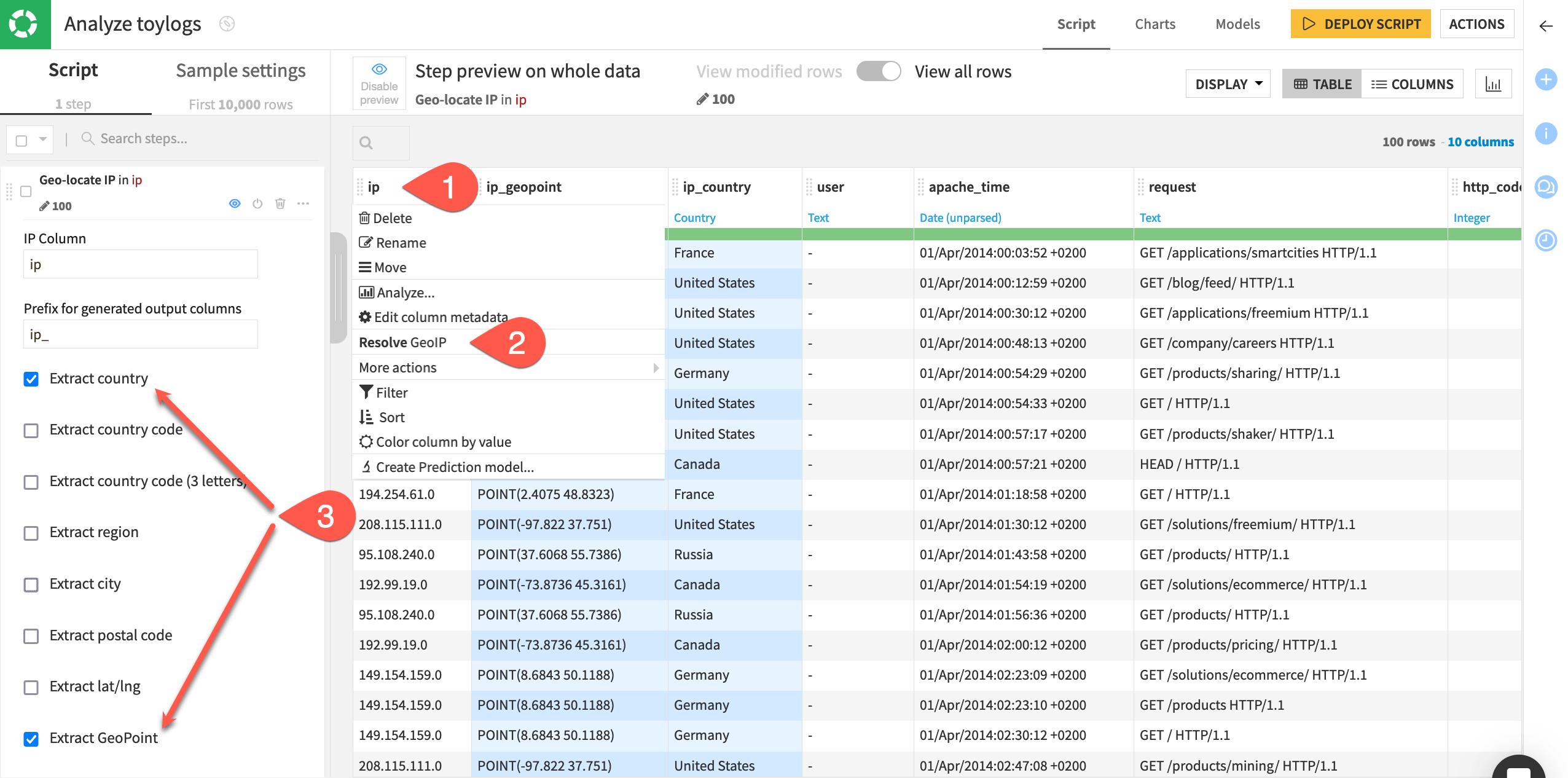 Dataiku screenshot of the Resolve GeoIP processor.