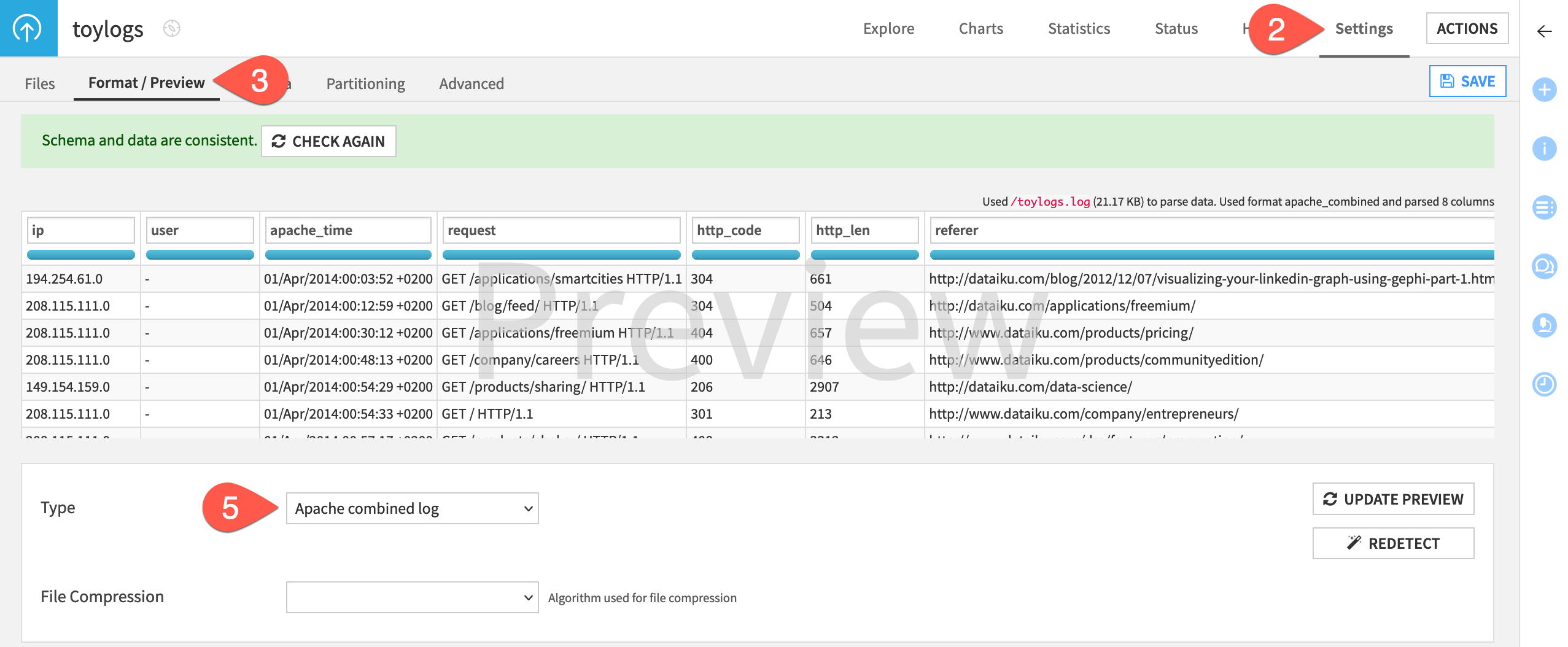 Dataiku screenshot of the format preview of a dataset.