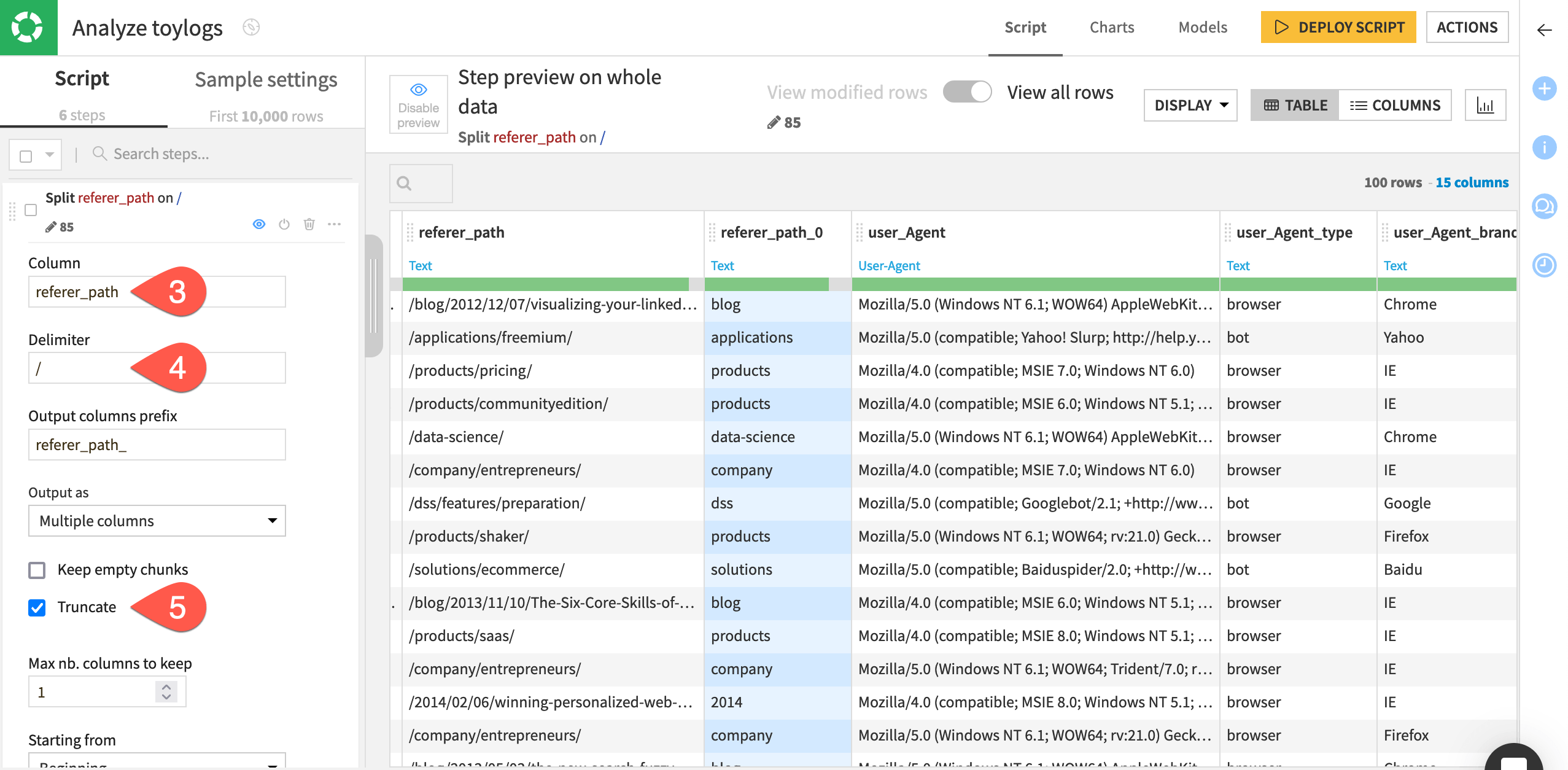 Dataiku screenshot of a split column step.