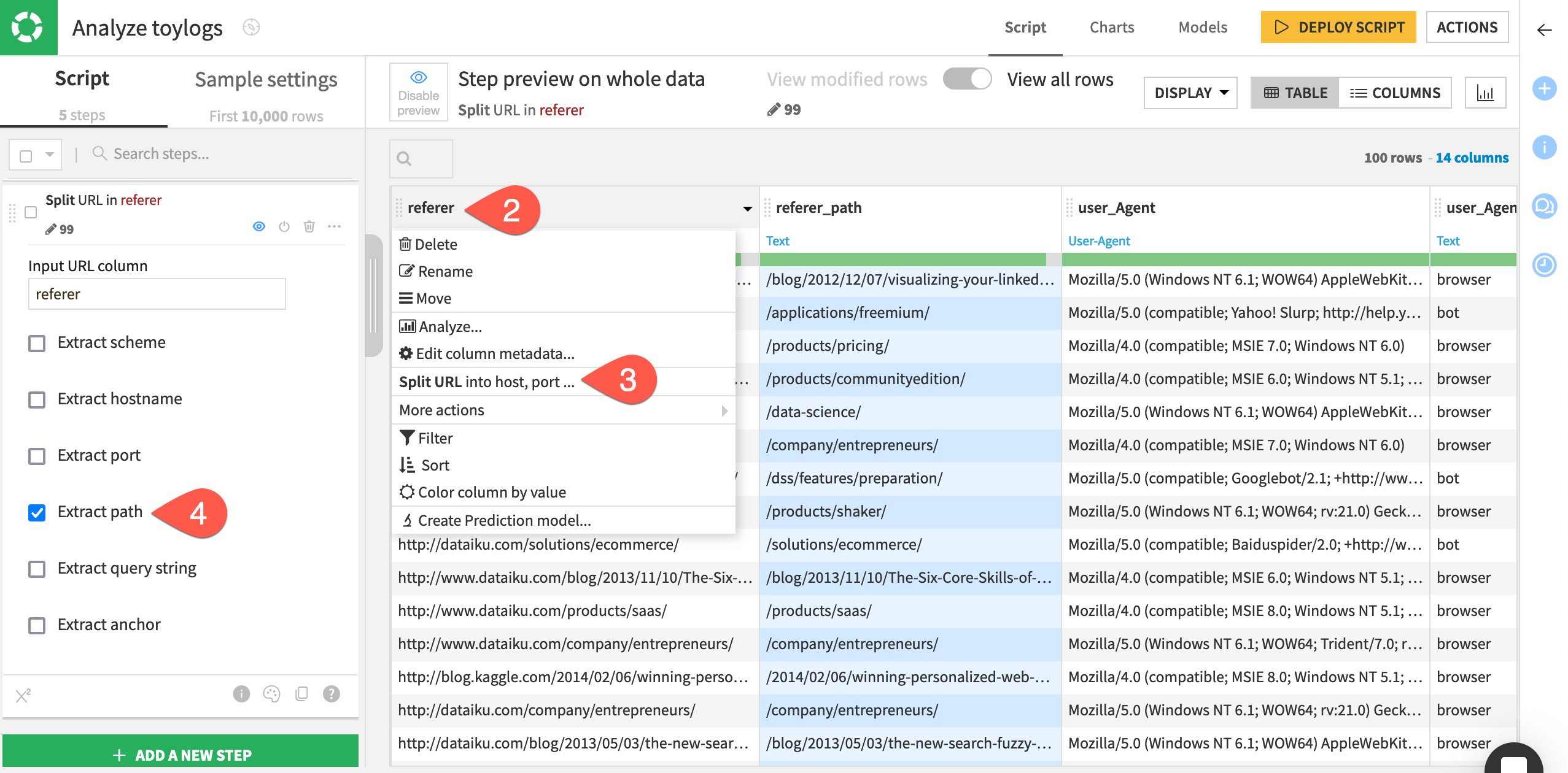 Dataiku screenshot of the Split URL processor.