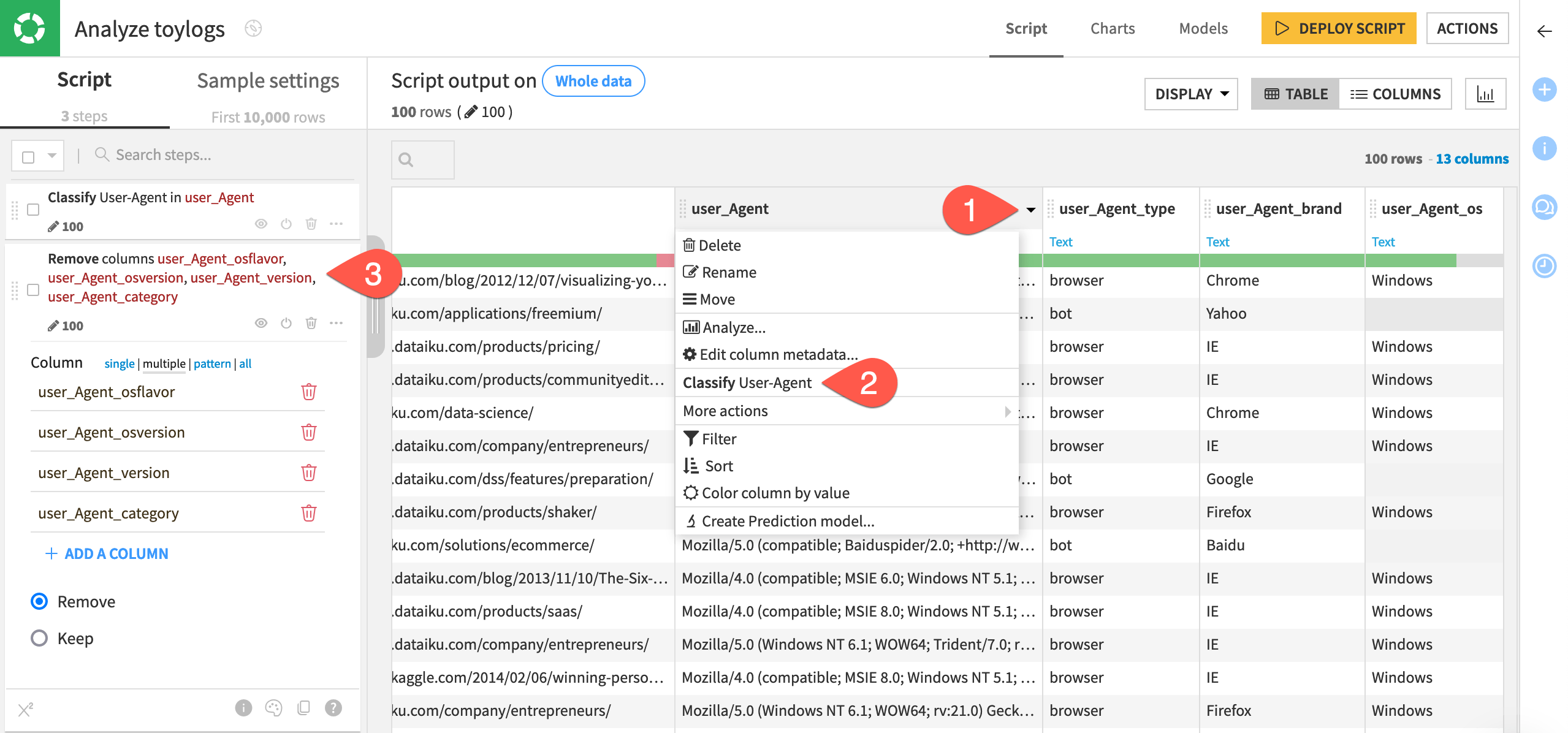 Dataiku screenshot of the Classify User-Agent processor.