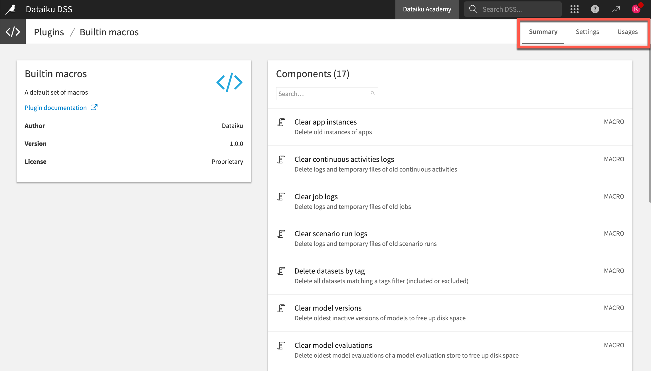 A Dataiku screenshot highlighting the Summary, Settings, and Usages tabs of a plugin.