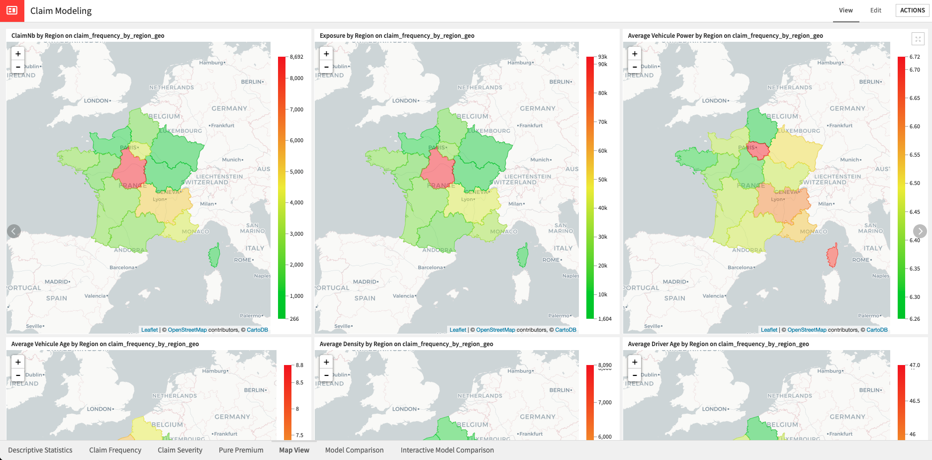 Dataiku screenshot of the Map View Dashboard tab visualizing the applied Geographic Analysis.