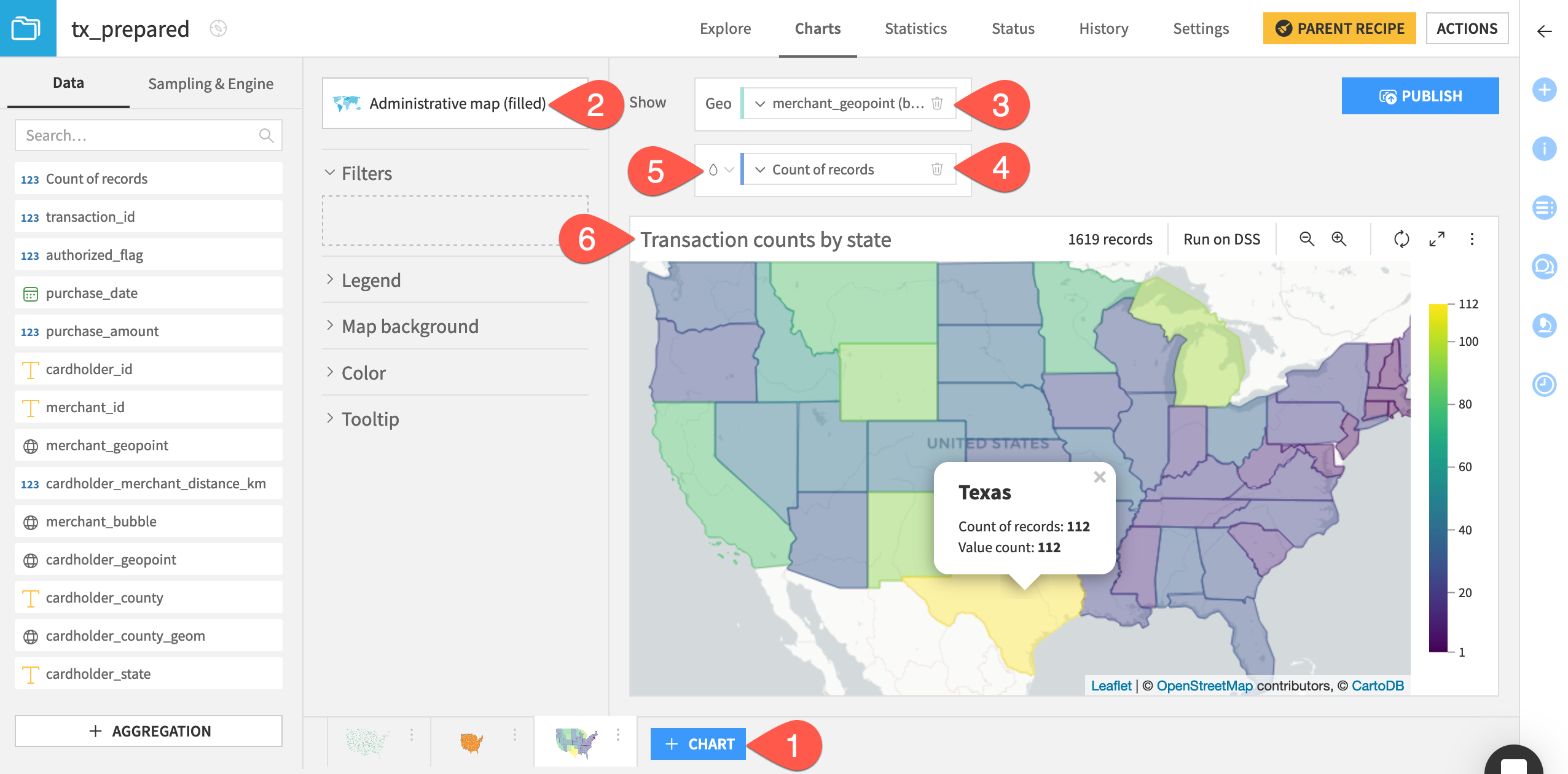 Dataiku screenshot of a filled admin map.