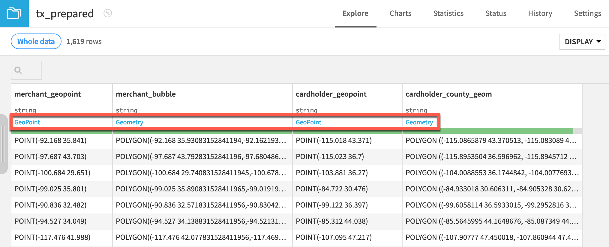 Dataiku screenshot of the geographic columns in a dataset.