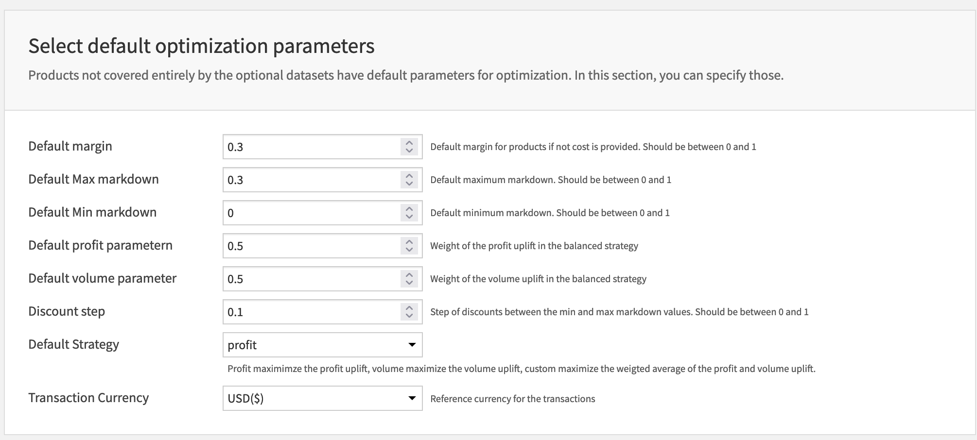 Selection of default parameters