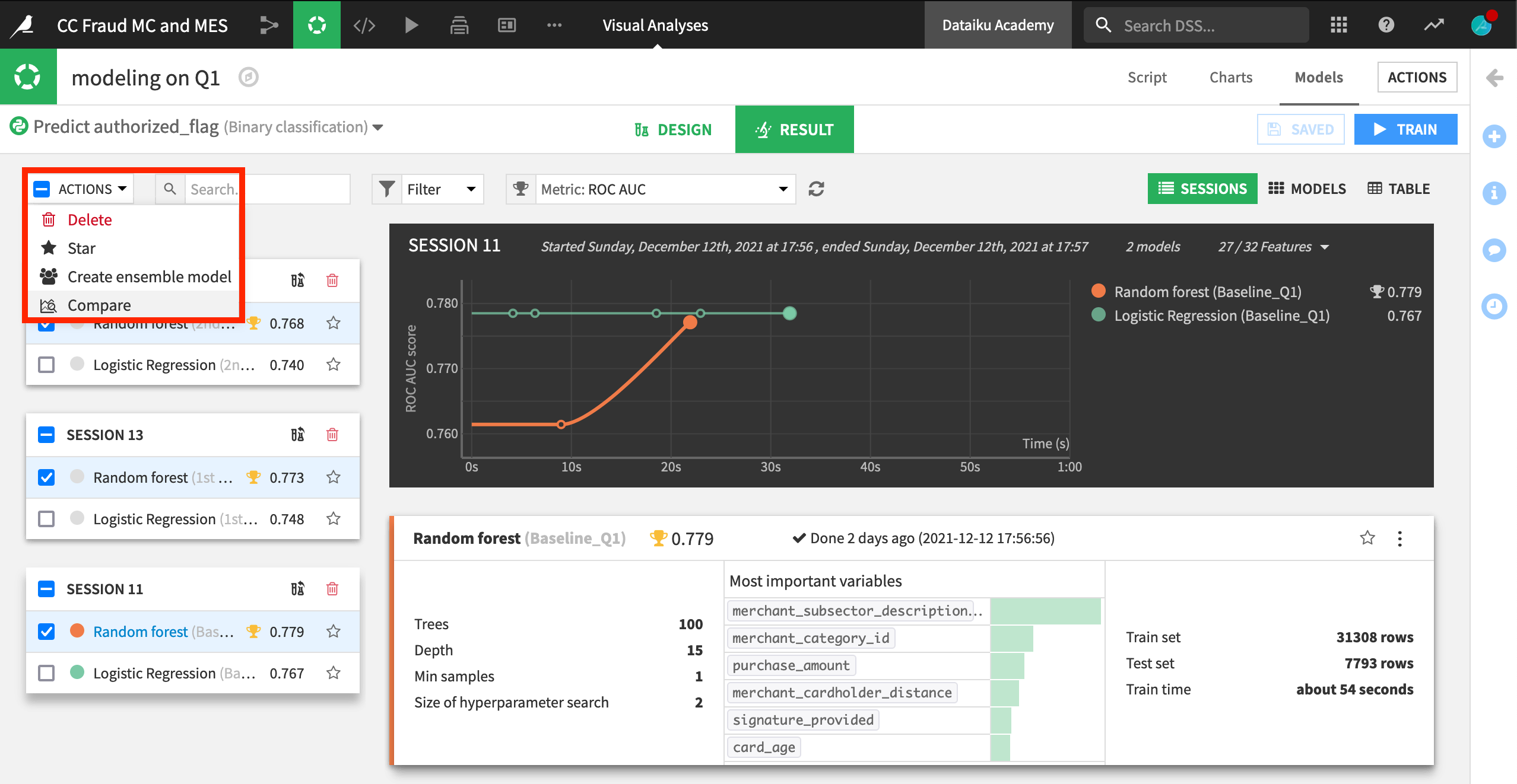 Dataiku screenshot of the dialog for comparing models in the Lab.