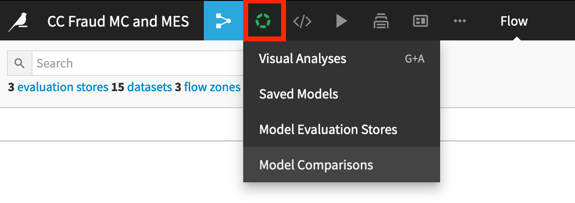 Dataiku screenshot of where model comparison and model evaluation stores can be found from the top navigation bar.