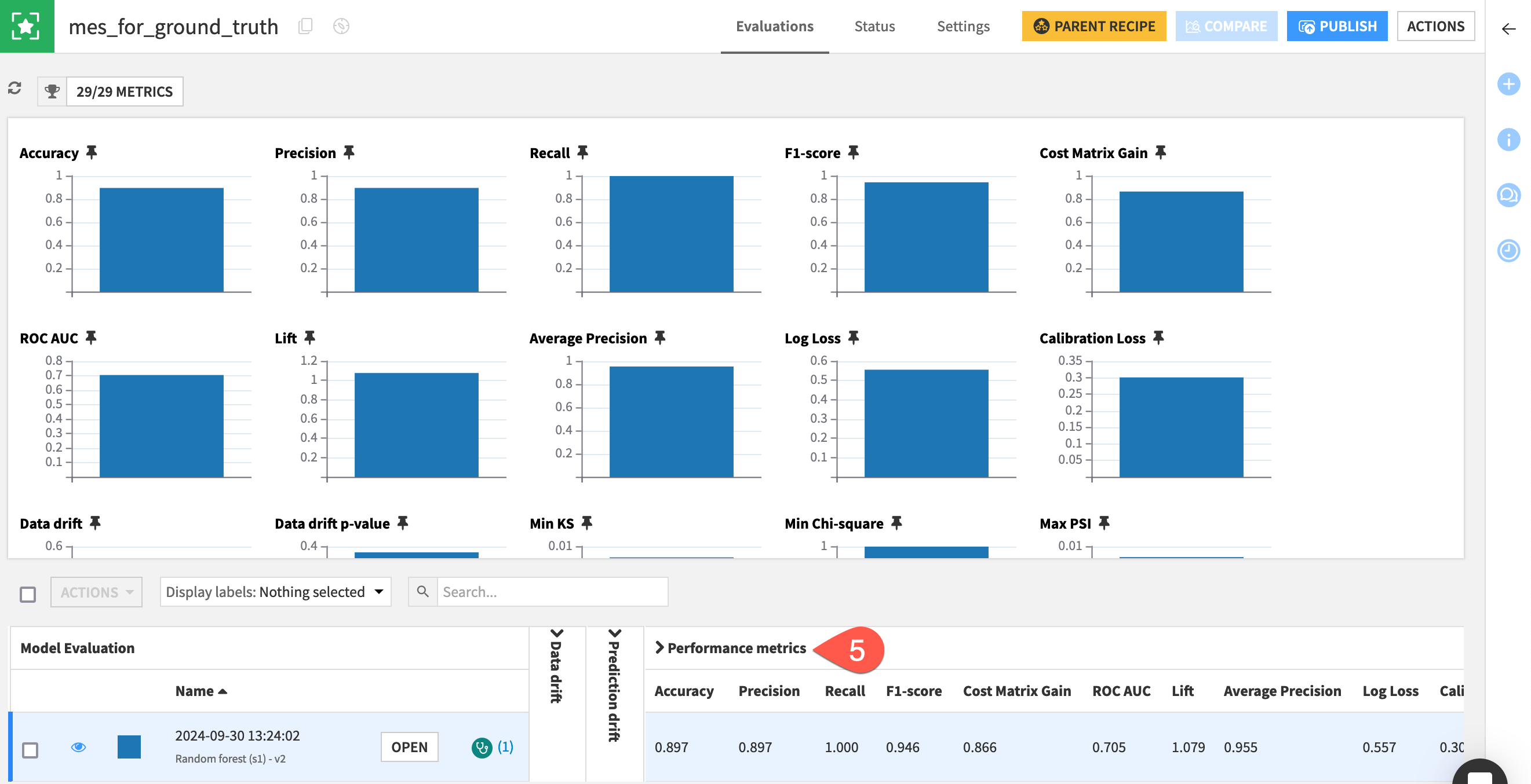 Dataiku screenshot of a model evaluation store for ground truth with one evaluation.