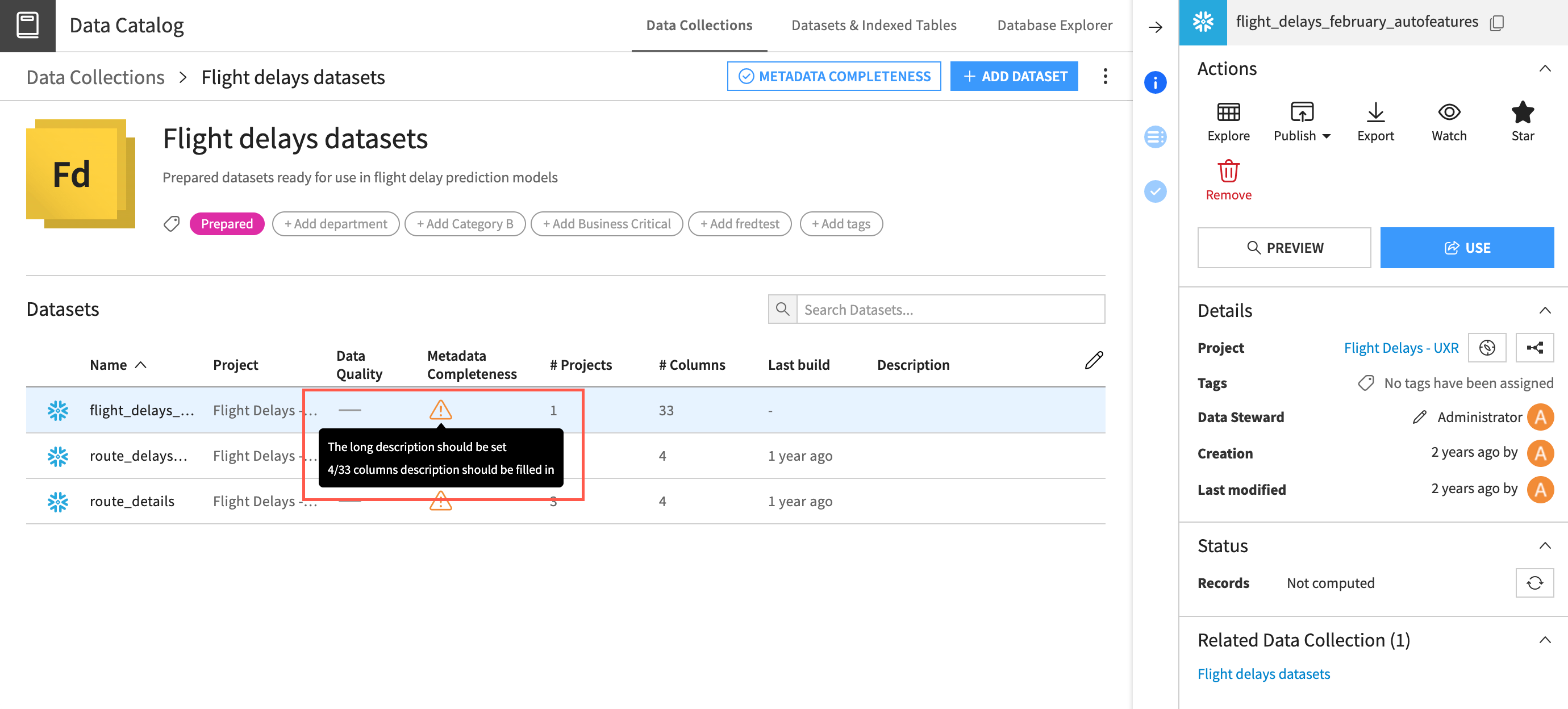 An example of datasets with missing metadata in a collection.