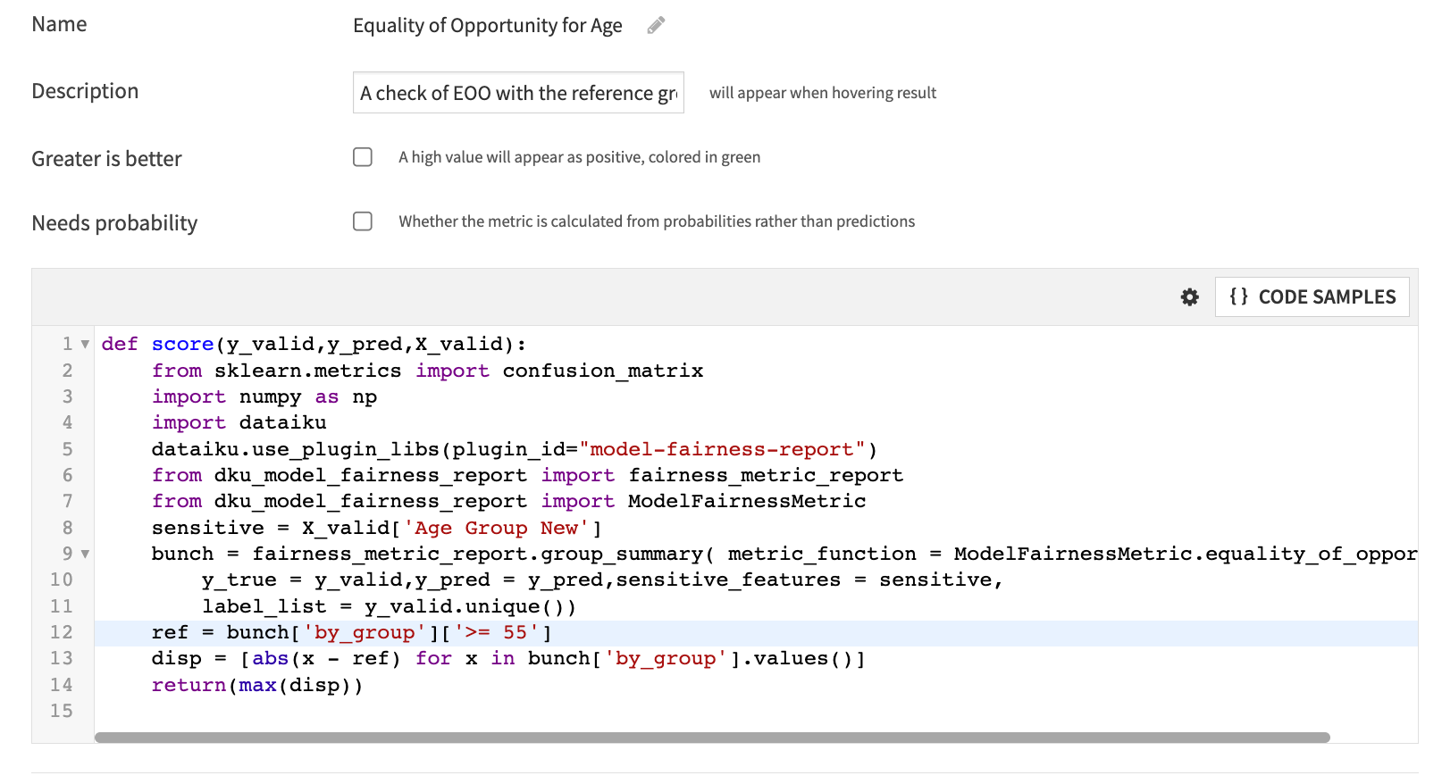 Screenshot of the custom metric Equality of Opportunity for Age.