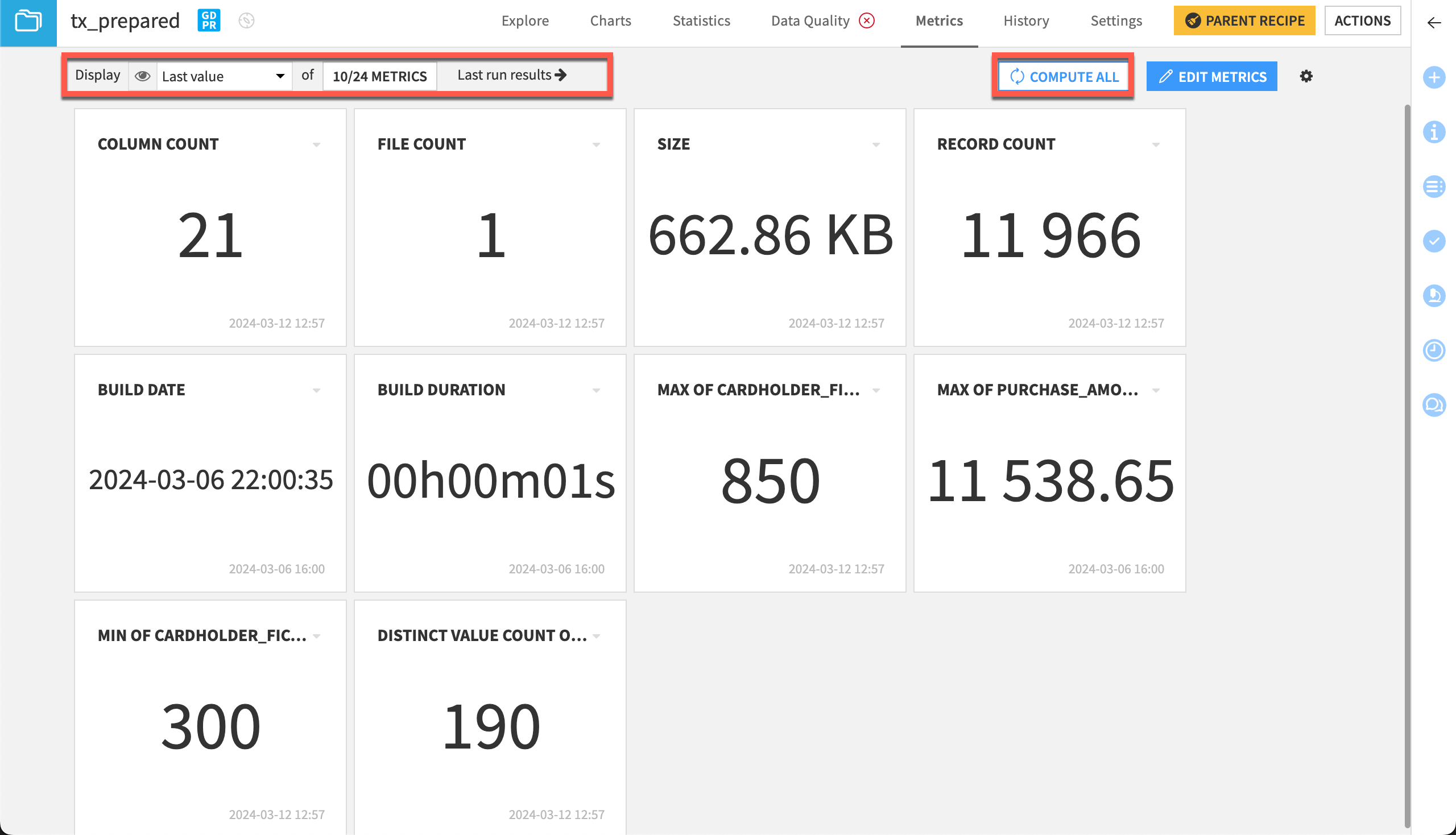 Examples of metrics and checks used on managed folders or saved models.