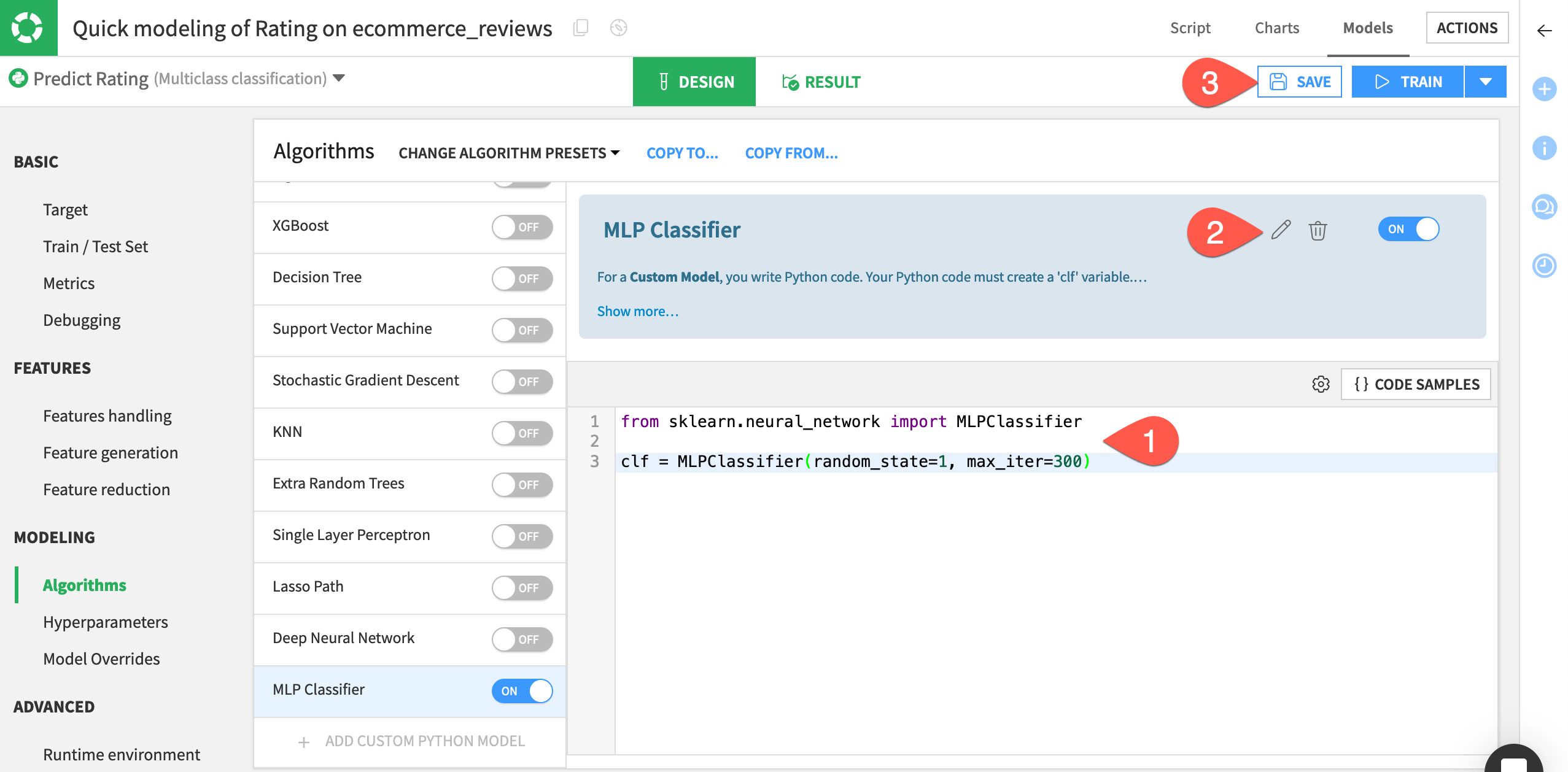 Dataiku screenshot of a custom Python model imported into visual ML.