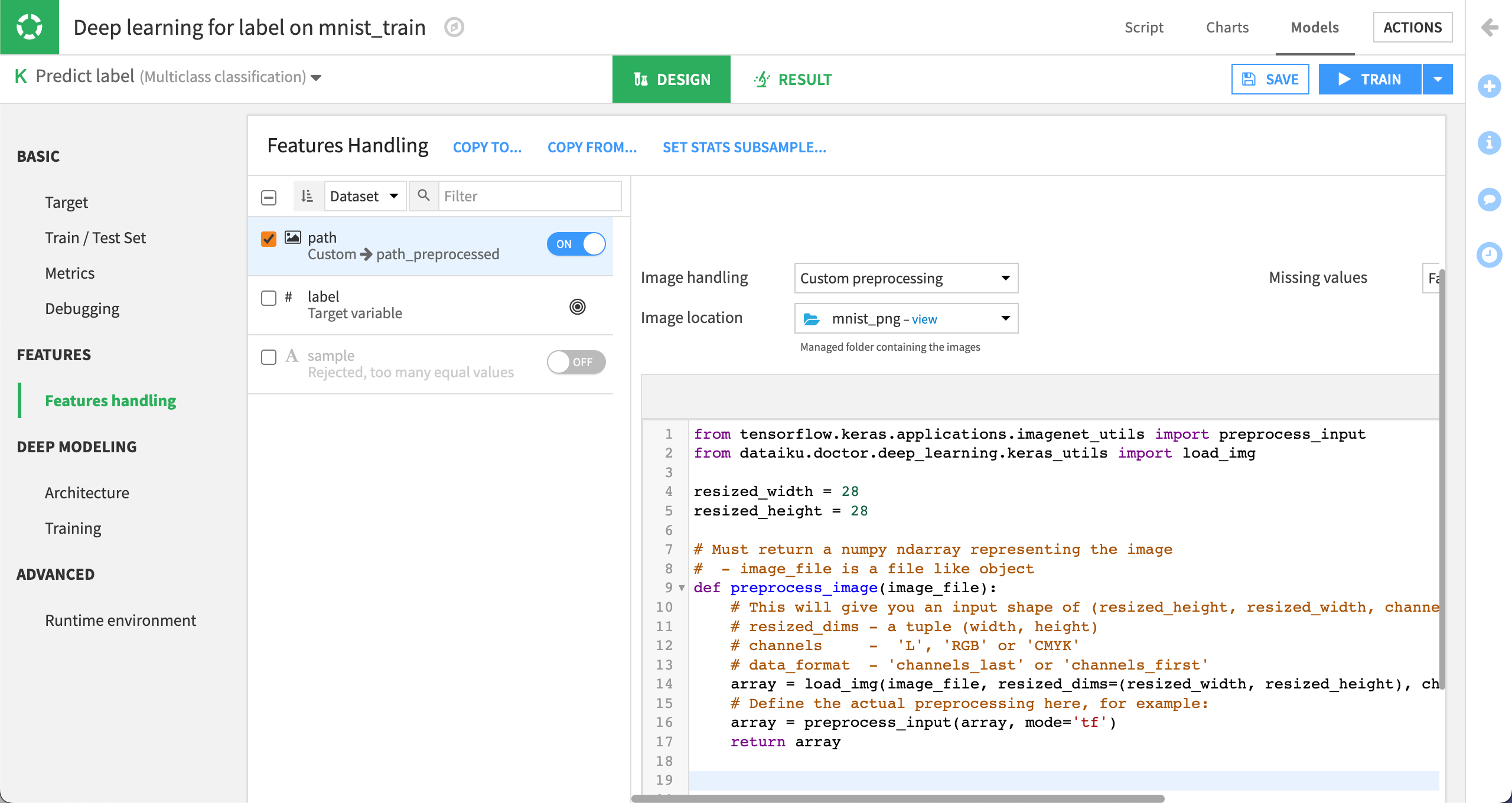 Keras code sample in the custom preprocessing step of an input feature in the Features handling panel of a deep learning experiment.