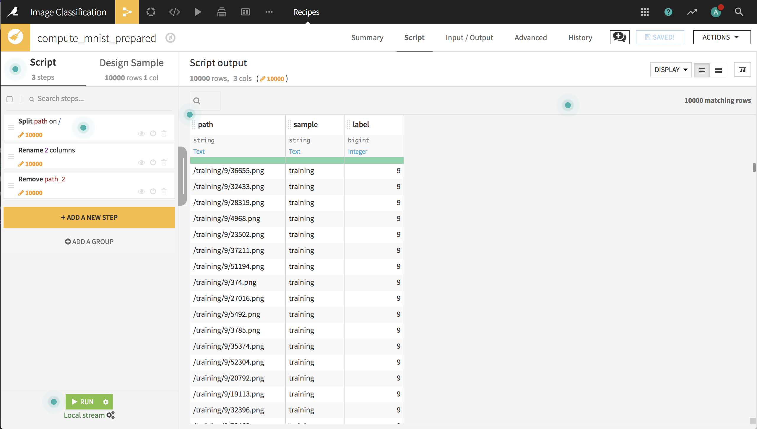 Using the Prepare recipe to extract the label from the image path.