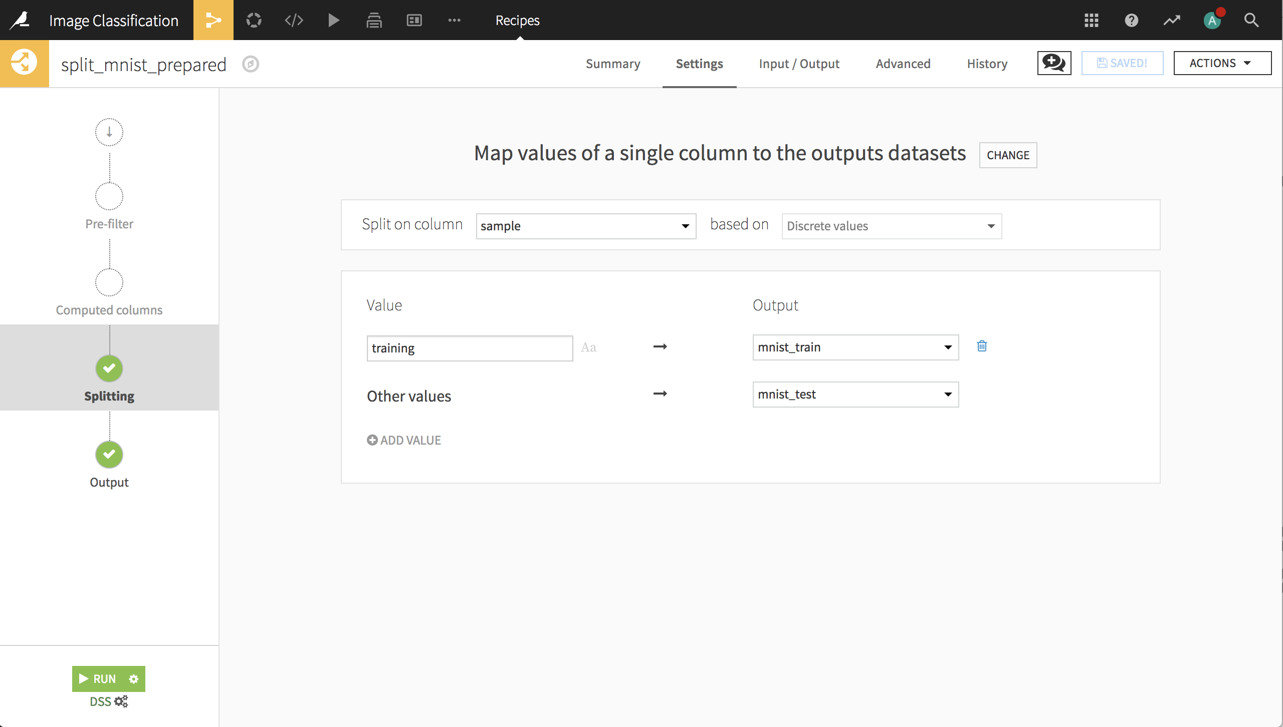 Using the Split recipe to split the records into train and test datasets.