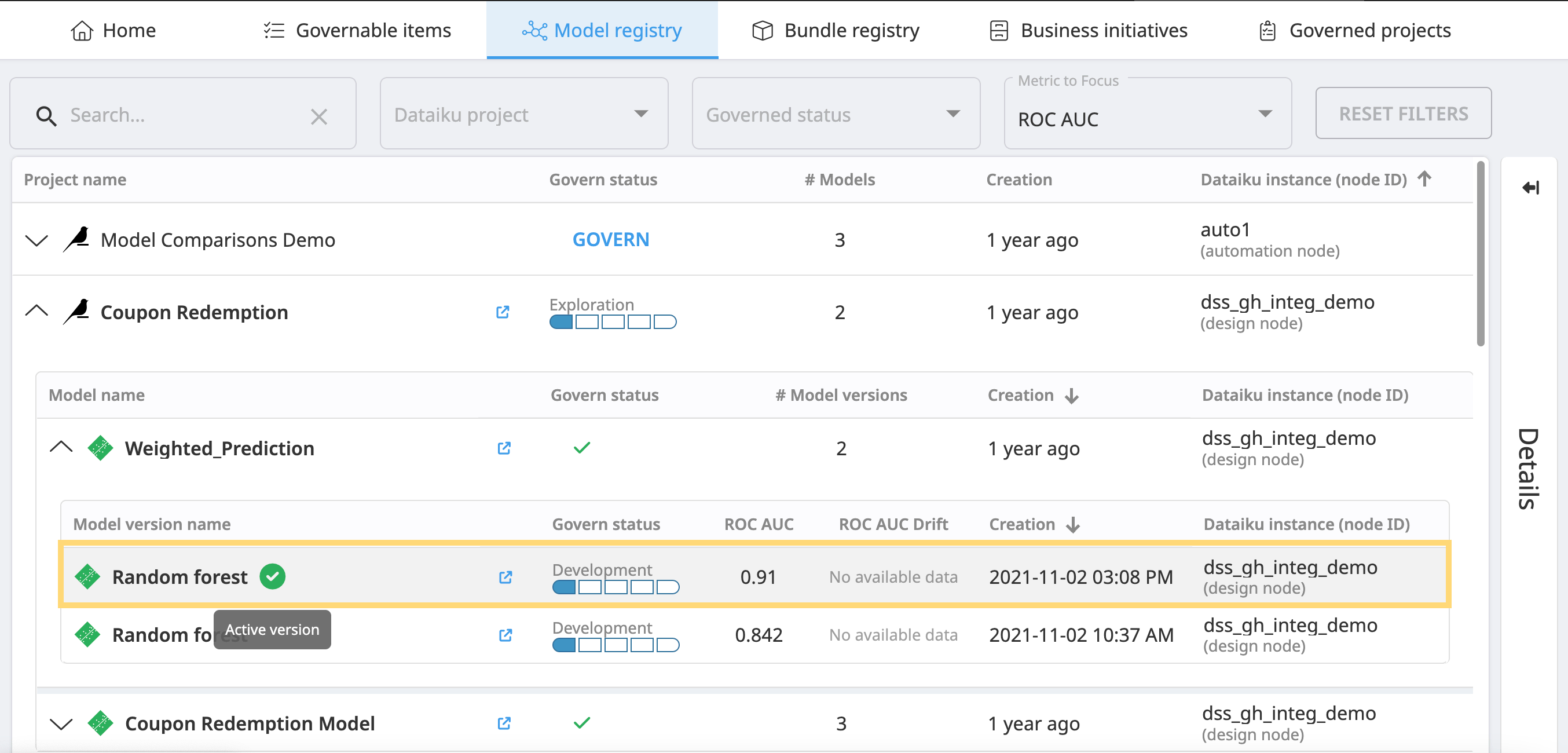 Dataiku Govern screenshot highlighting the active version of a model.