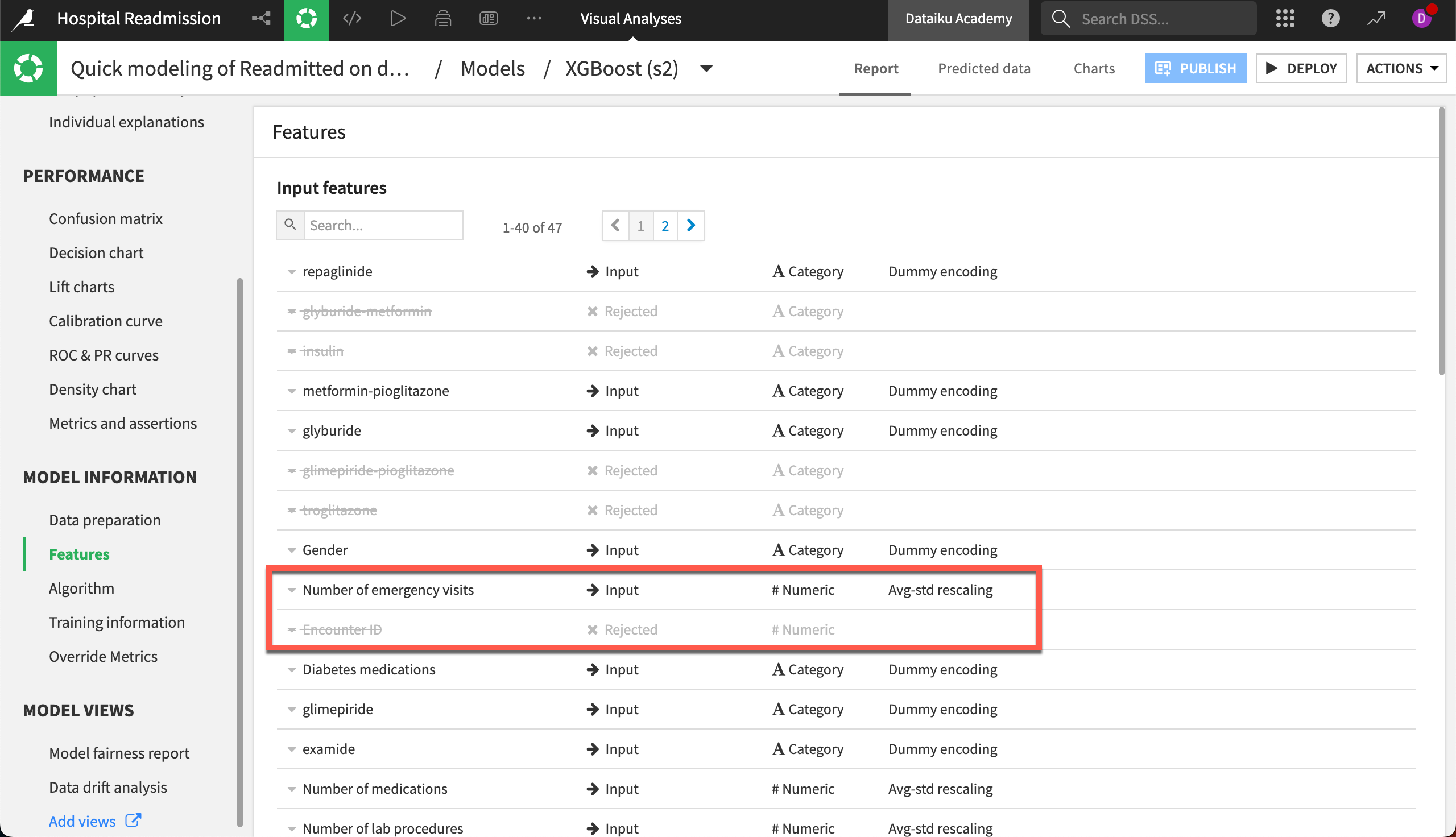 Model information page with feature handling information.