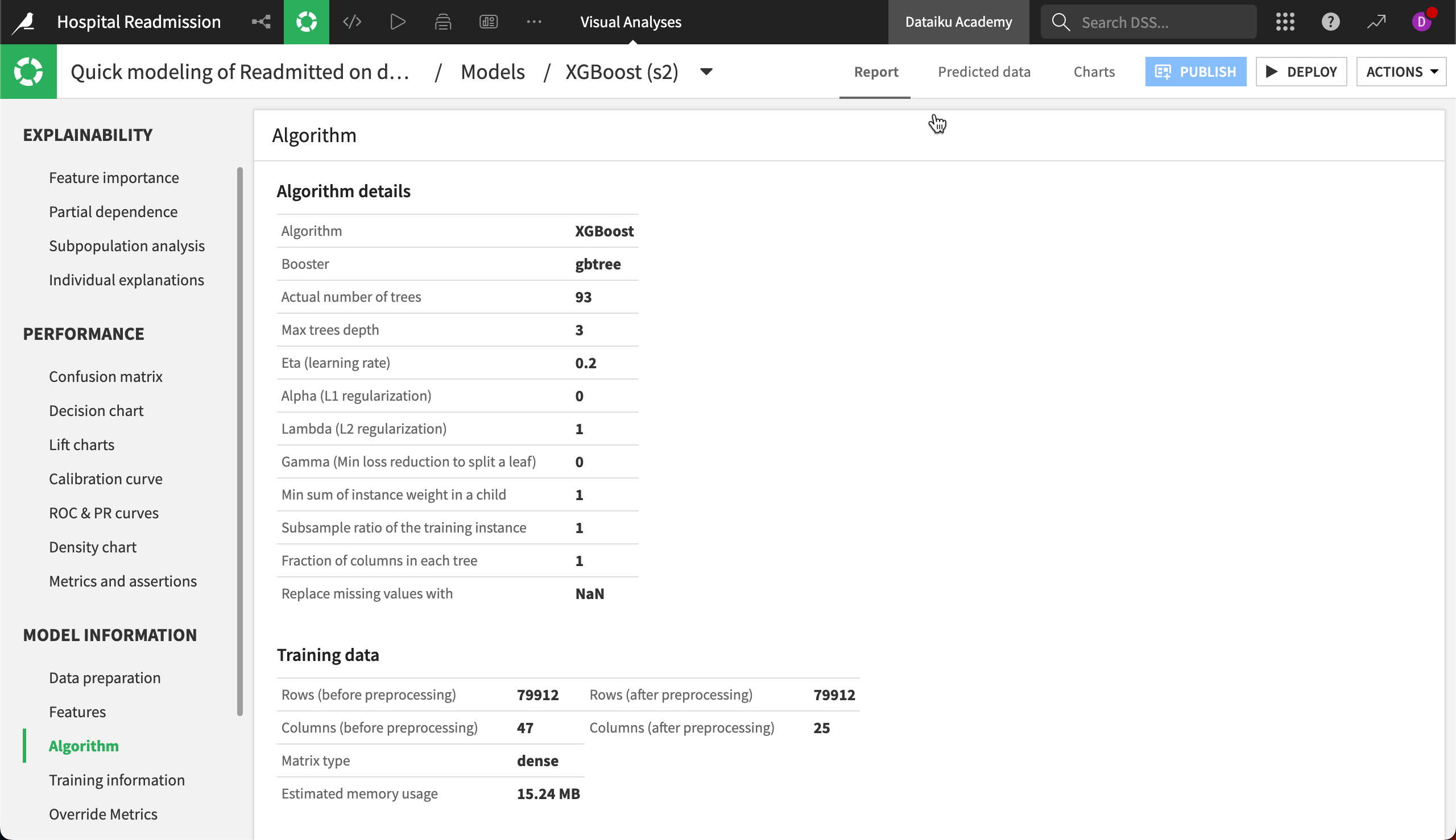 Model information page with algorithm information.