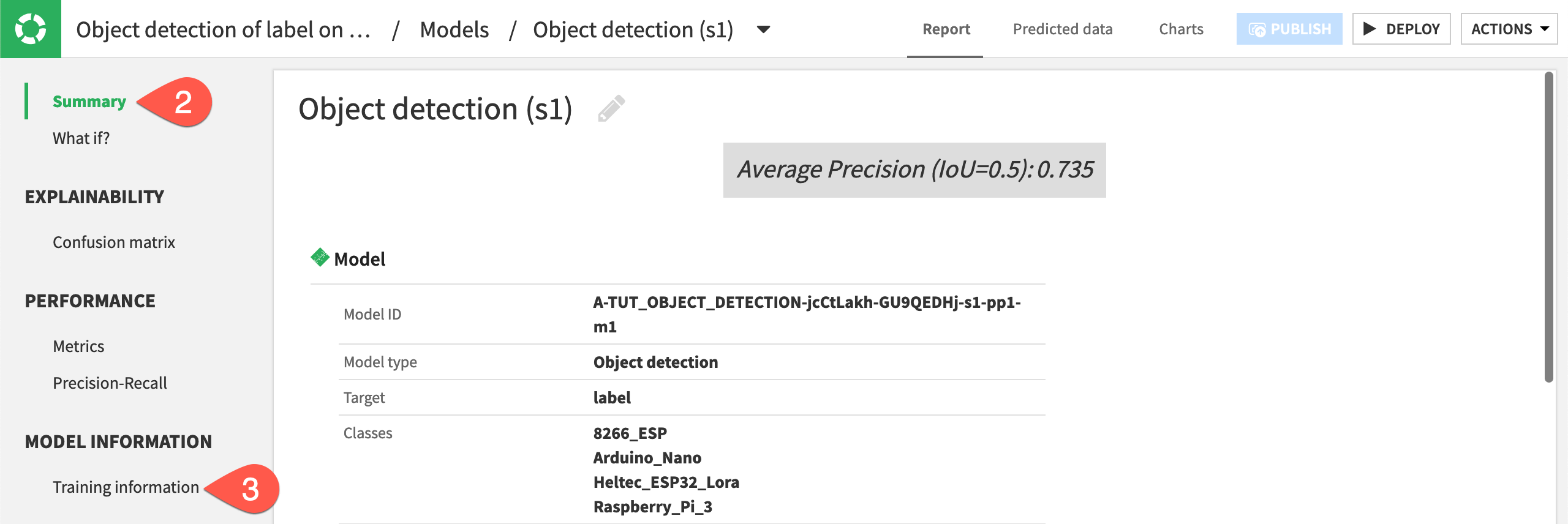 Screenshot showing the model summary panel.