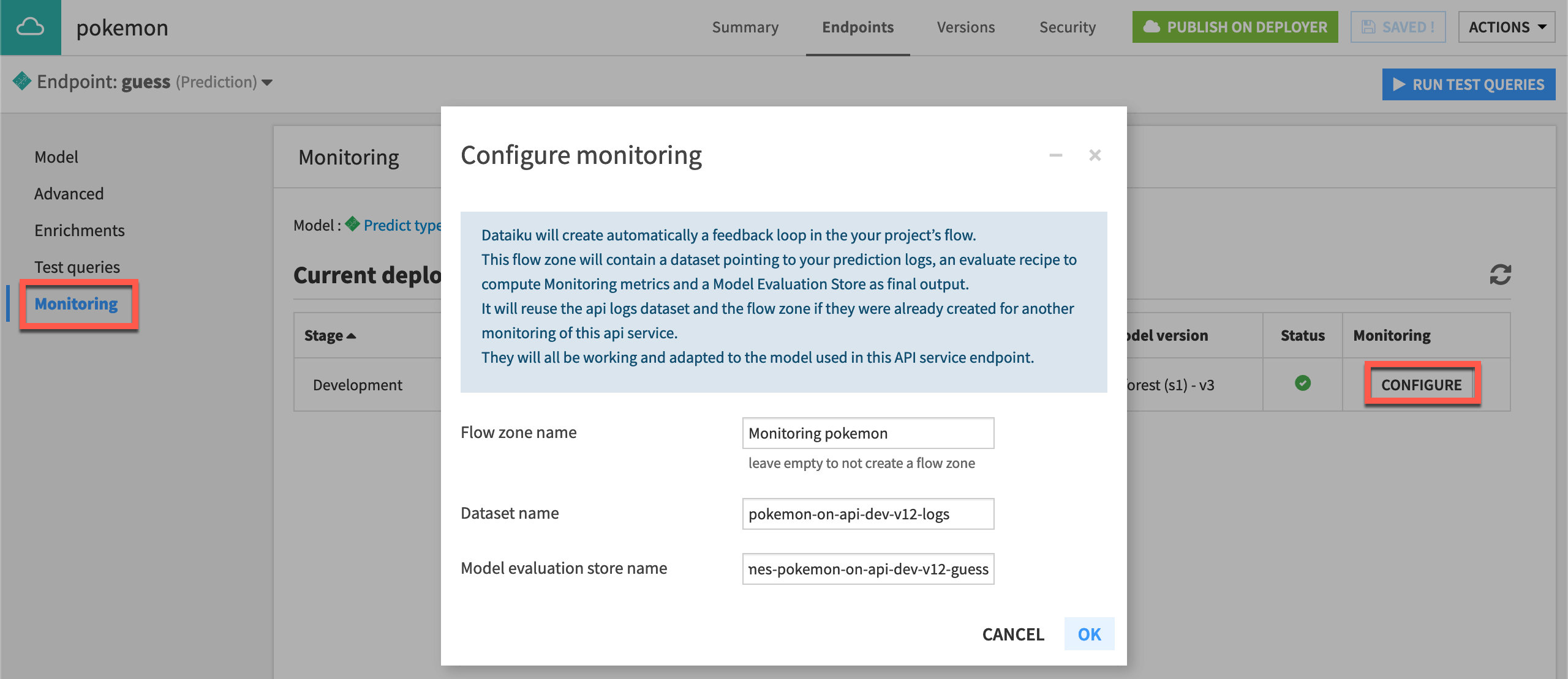 Dataiku screenshot of the Monitoring panel within the API endpoint of the API Designer.