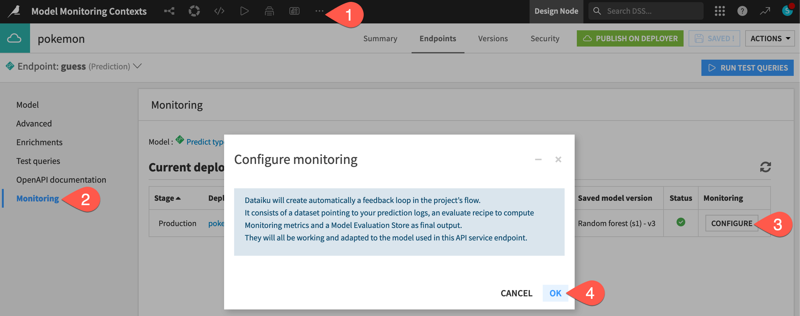 Dataiku screenshot of the Monitoring panel within the API endpoint of the API Designer.