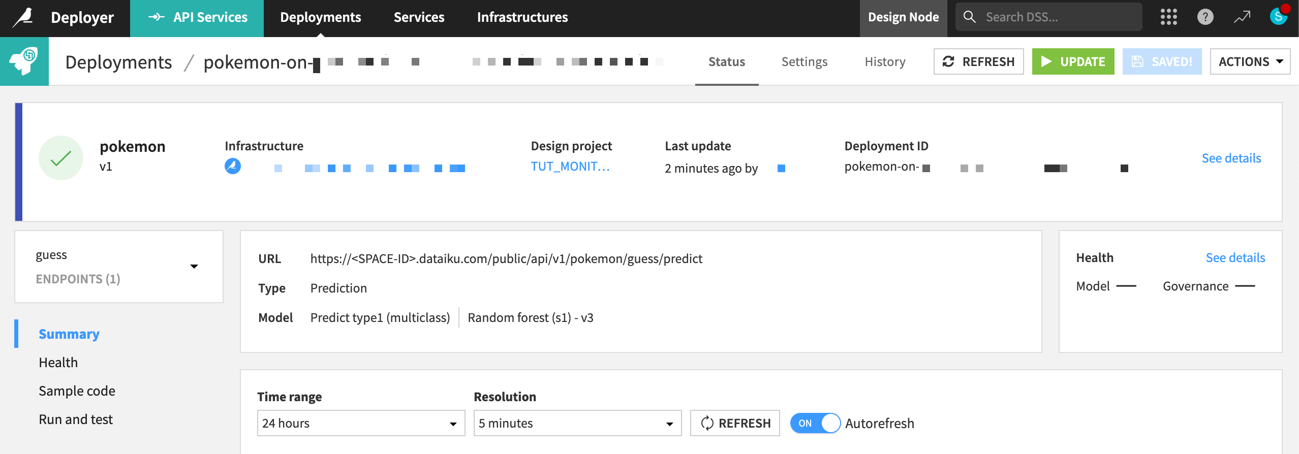 Dataiku screenshot of an API deployment.