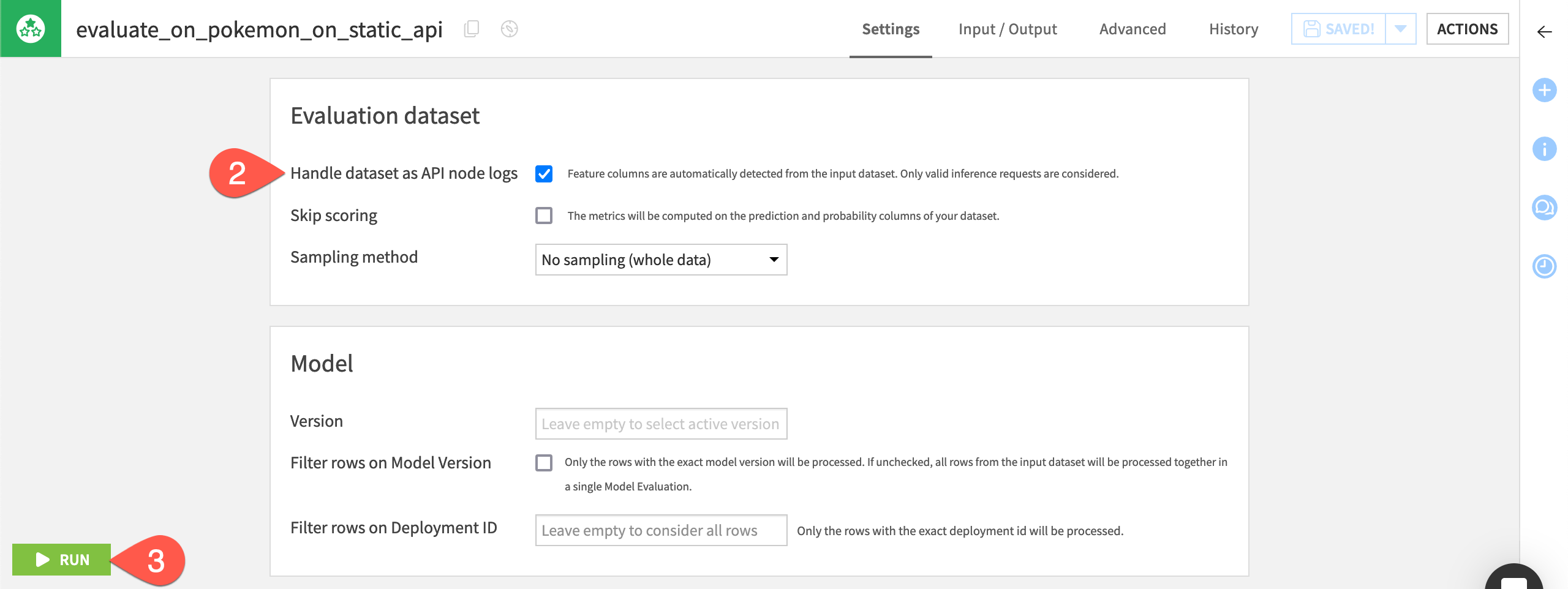 Dataiku screenshot of an Evaluate recipe with API node log input data.