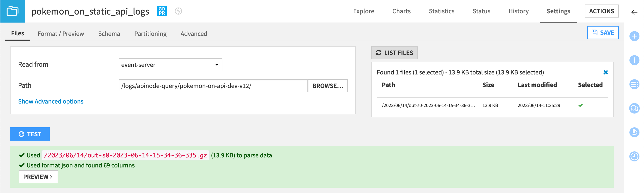 Dataiku screenshot of the settings tab of API node log data.