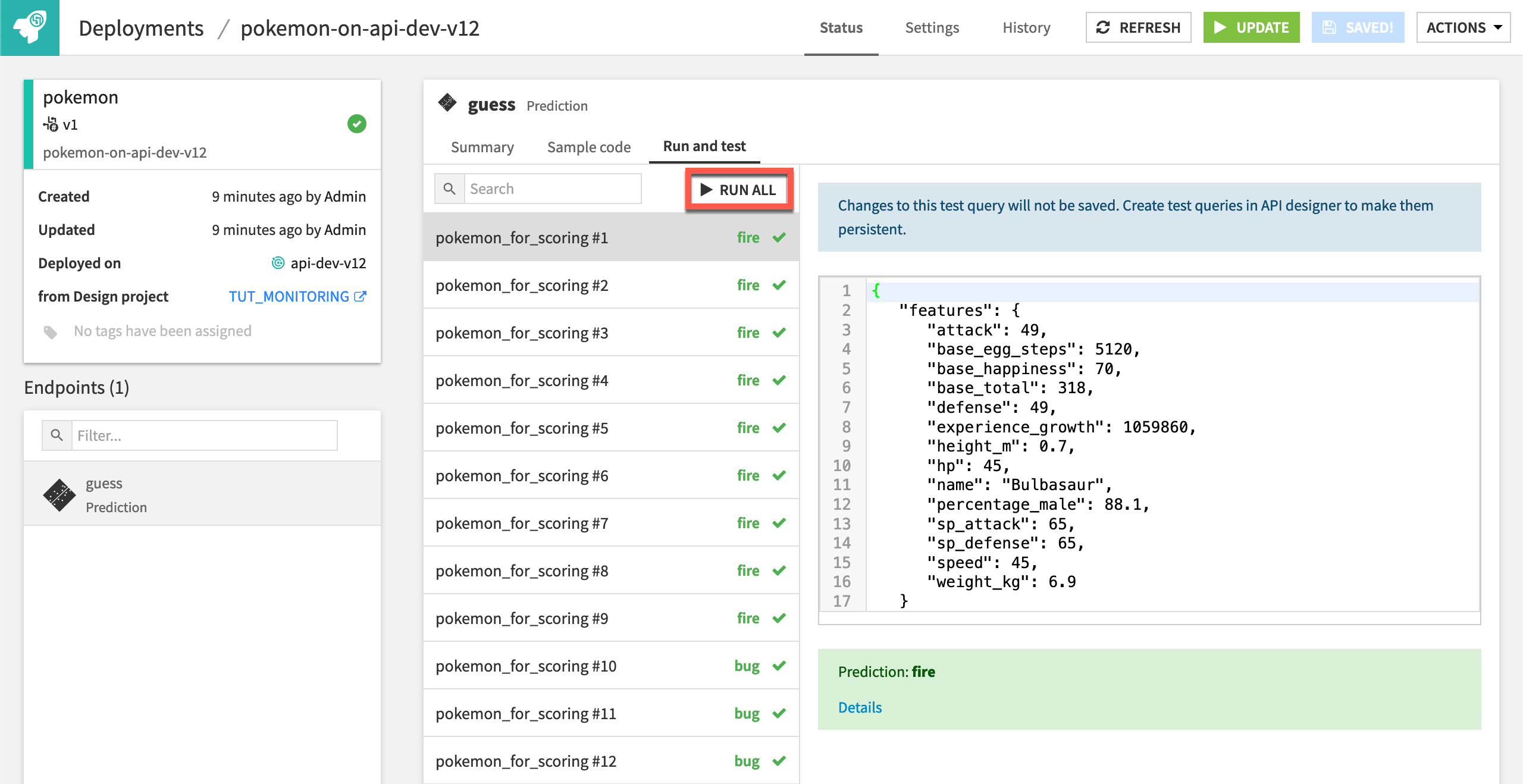 Dataiku screenshot of test queries of an API deployment.