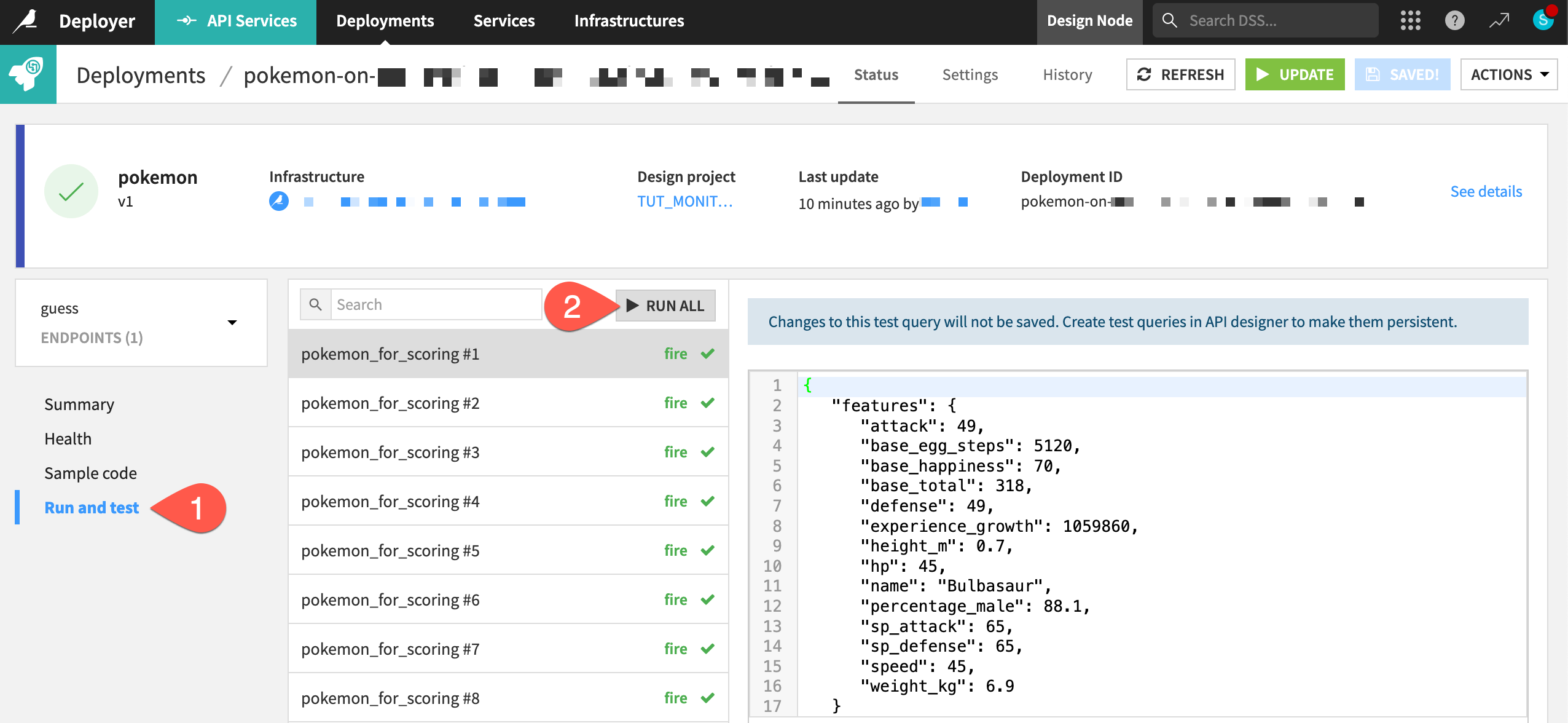 Dataiku screenshot of test queries of an API deployment.