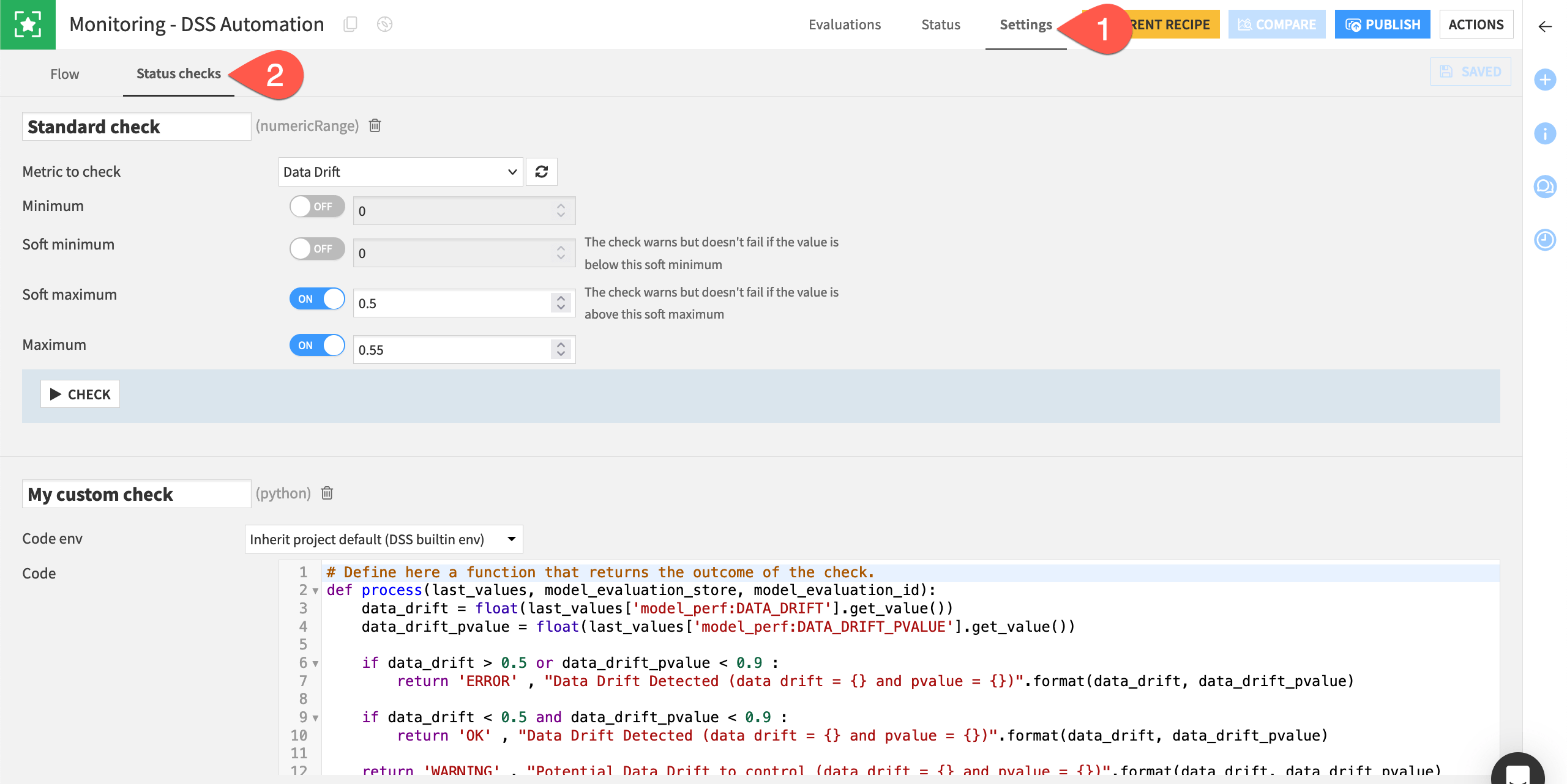 Dataiku screenshot of a status check for a MES metric.