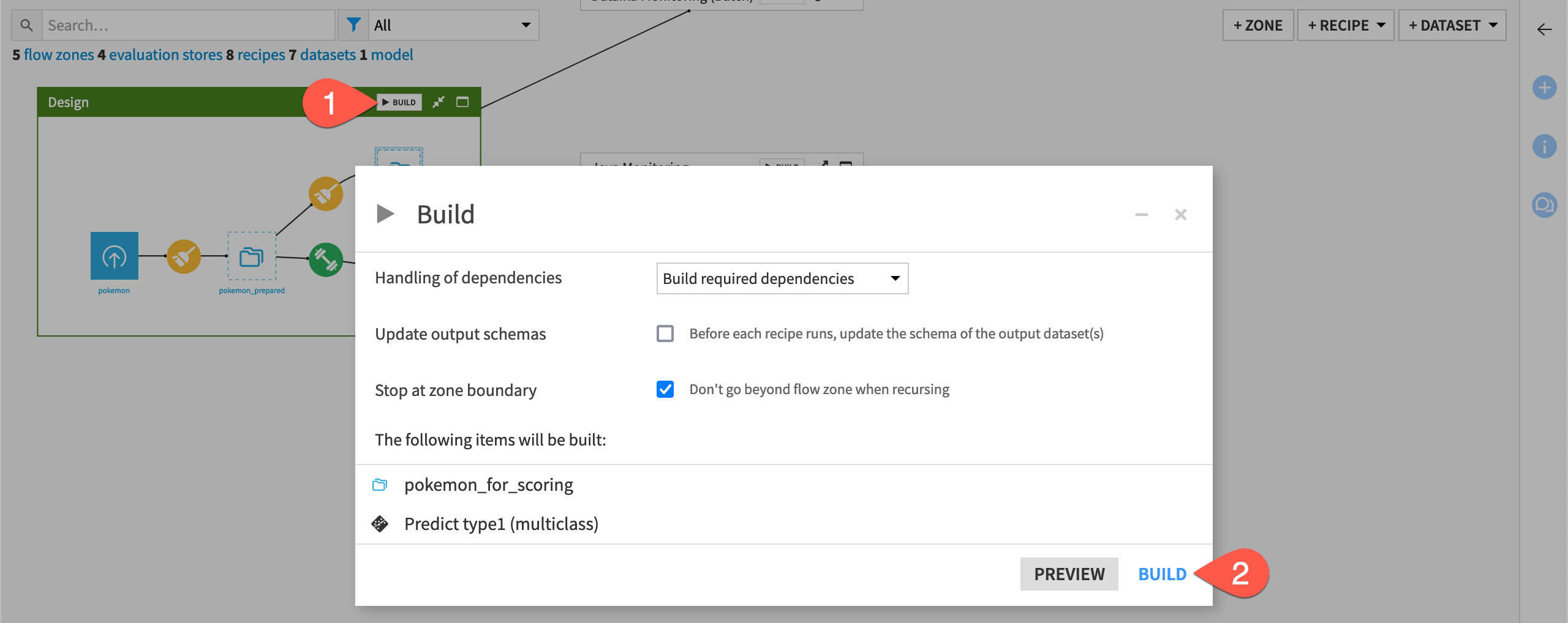 Dataiku screenshot of the dialog for building the Design Flow zone.