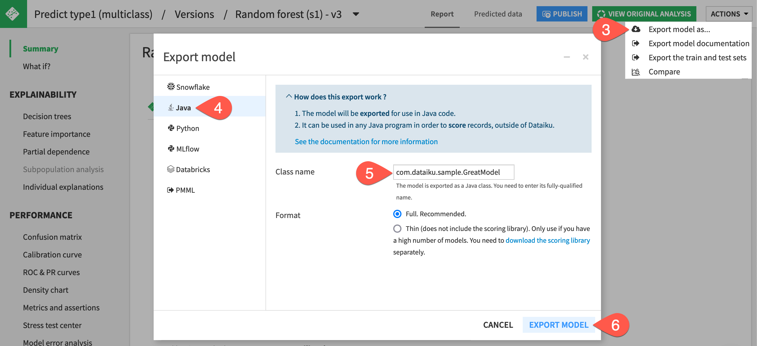 Dataiku screenshot of the dialog for exporting a Java model.