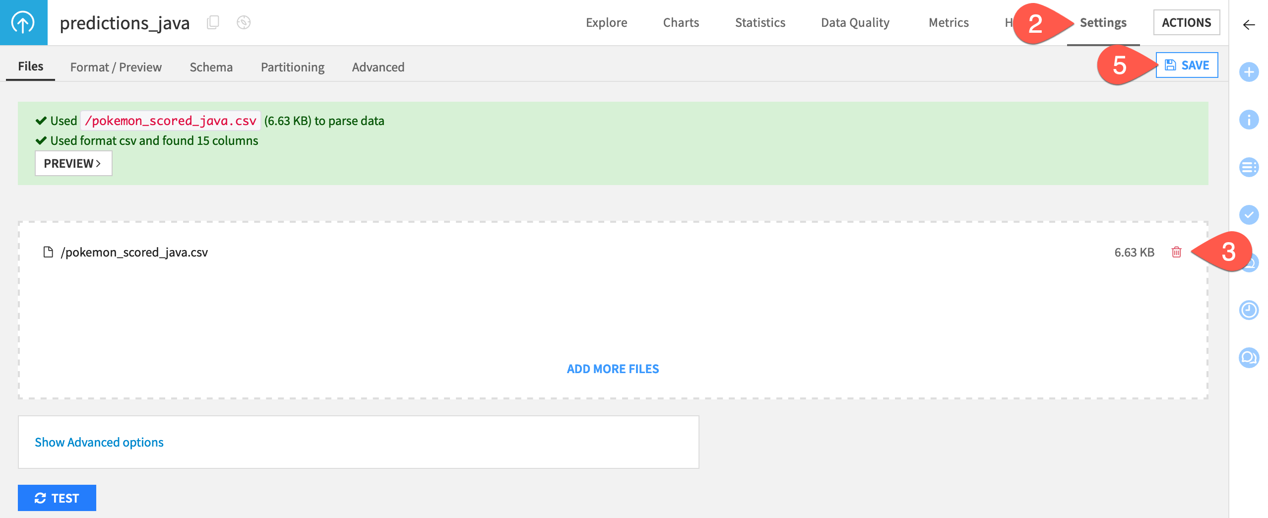 Dataiku screenshot of the settings tab of a dataset of predictions scored with Java.