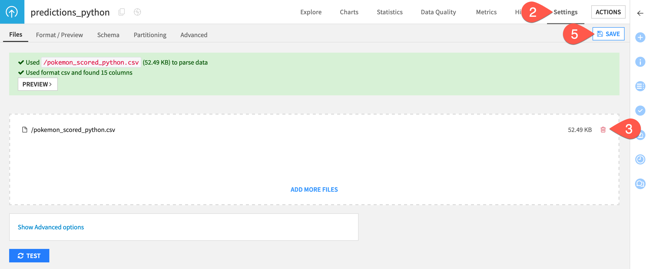 Dataiku screenshot of the settings tab of a dataset of predictions scored with Python.