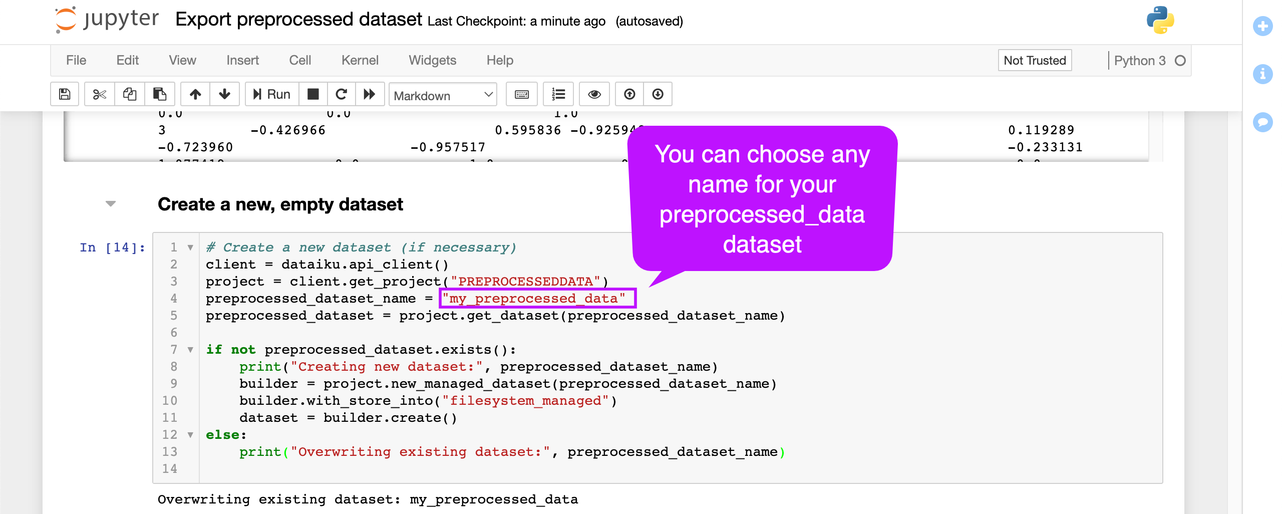 Choose any name for your preprocessed_data dataset.