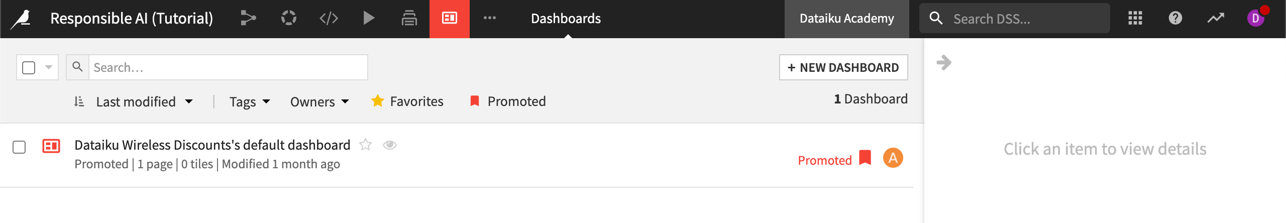 How to find the default dashboard in Dataiku.
