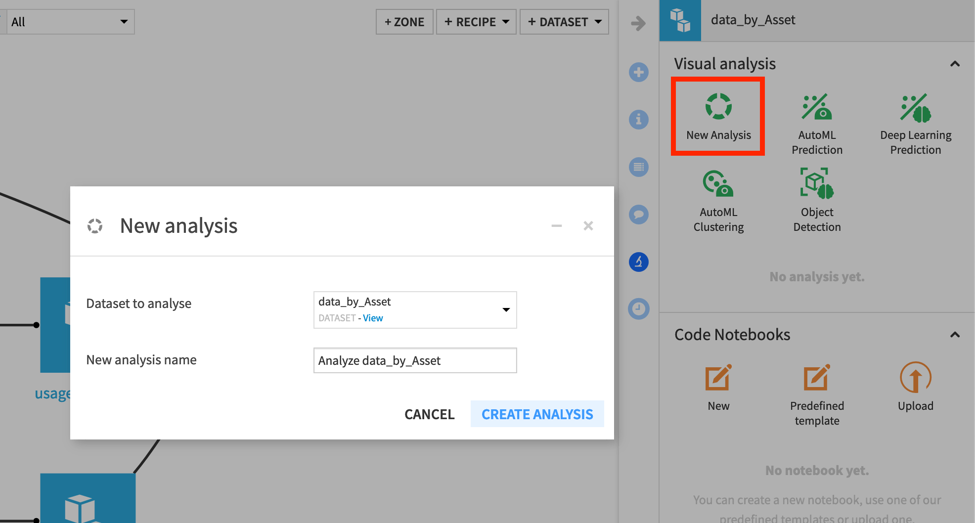 Dataiku screenshot of the dialog for creating a new visual analysis.