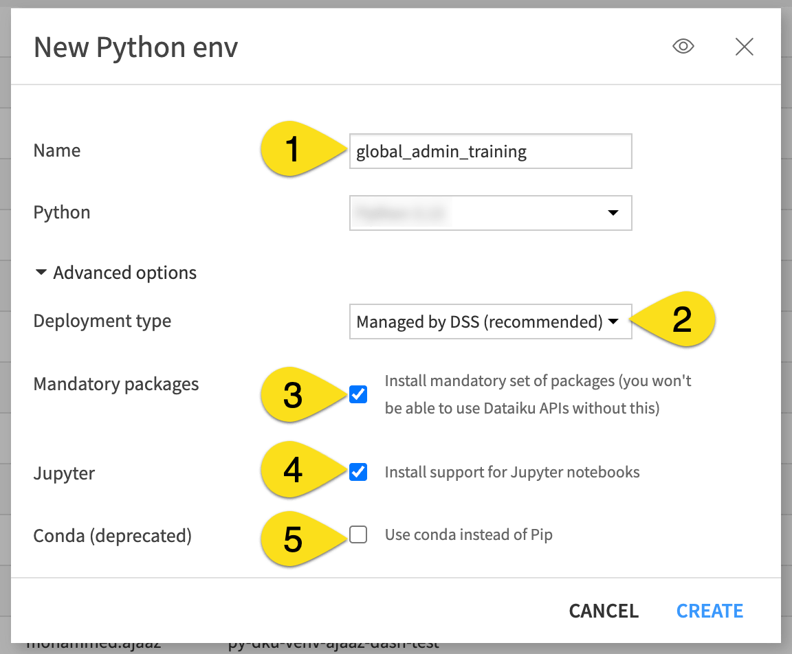 Dataiku screenshot of the dialog for creating a new code environment.