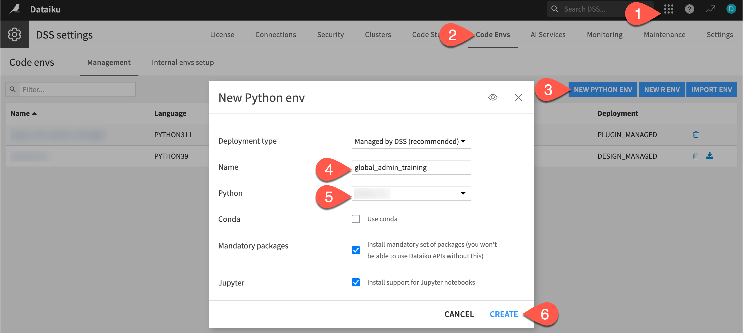 Dataiku screenshot of the dialog to create a new code environment.