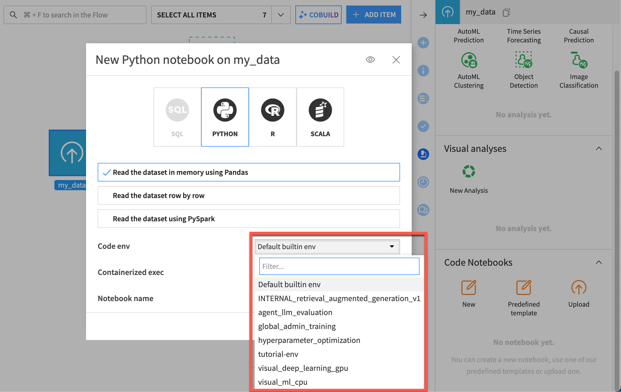 Dataiku screenshot of the dialog to create a code notebook.