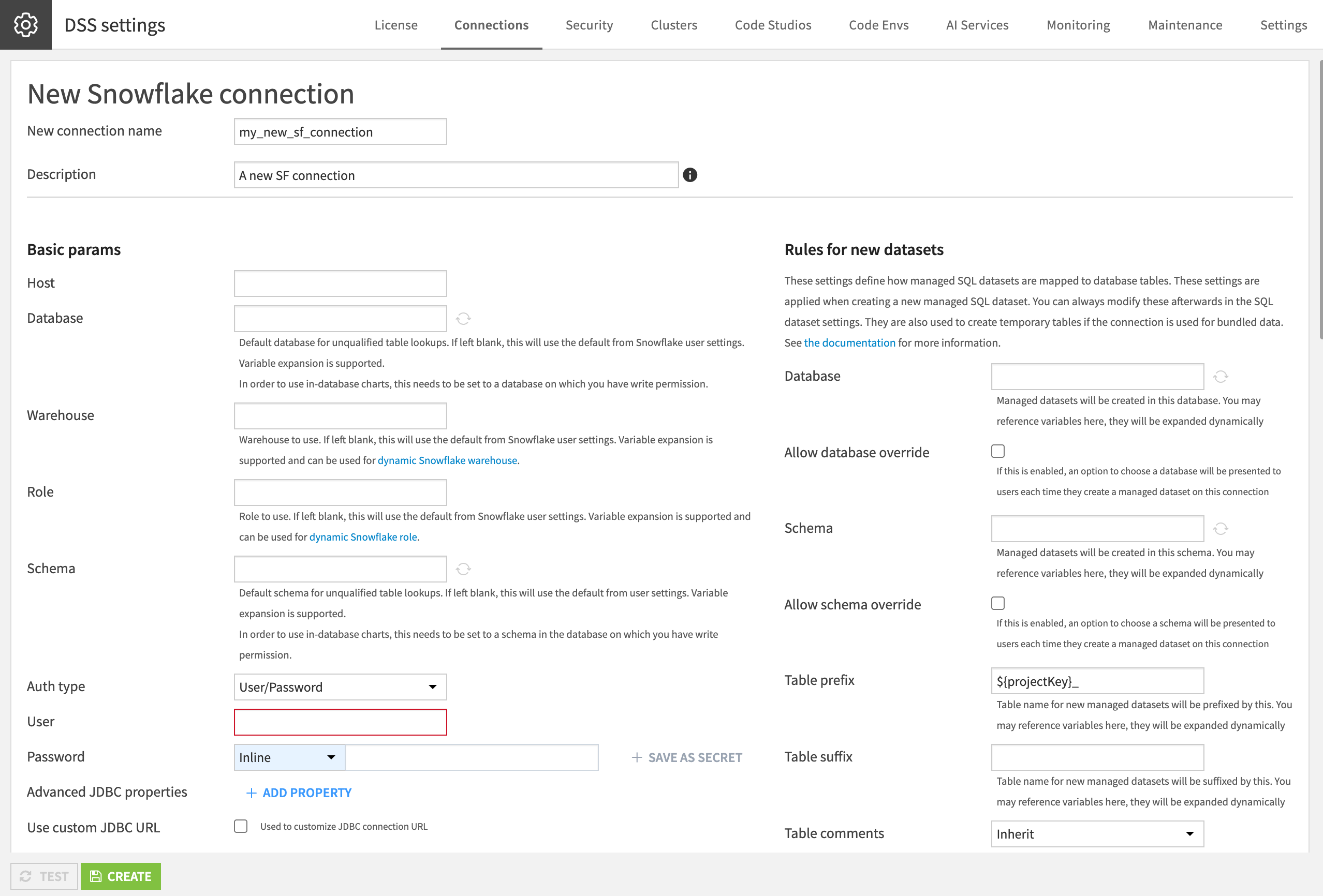 Dataiku screenshot of a new connection.