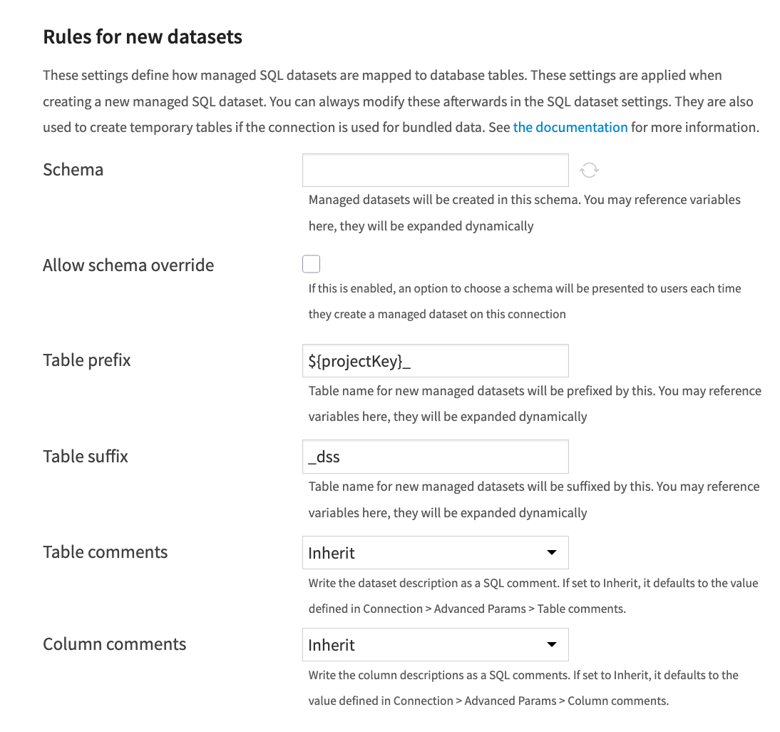 Dataiku screenshot of the "Rules for new datasets" settings on an SQL connection.