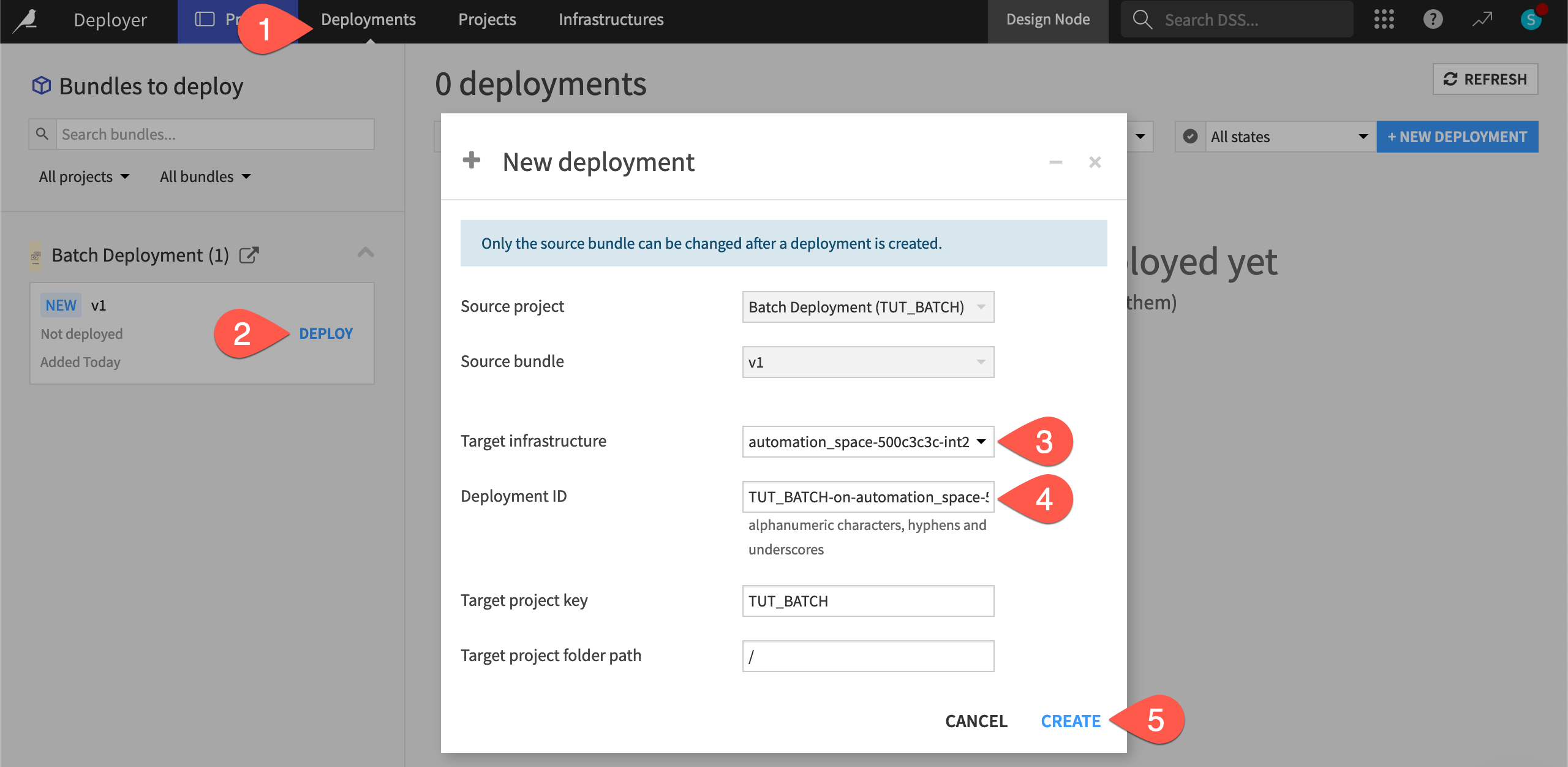 Dataiku screenshot of the dialog for creating a new deployment.