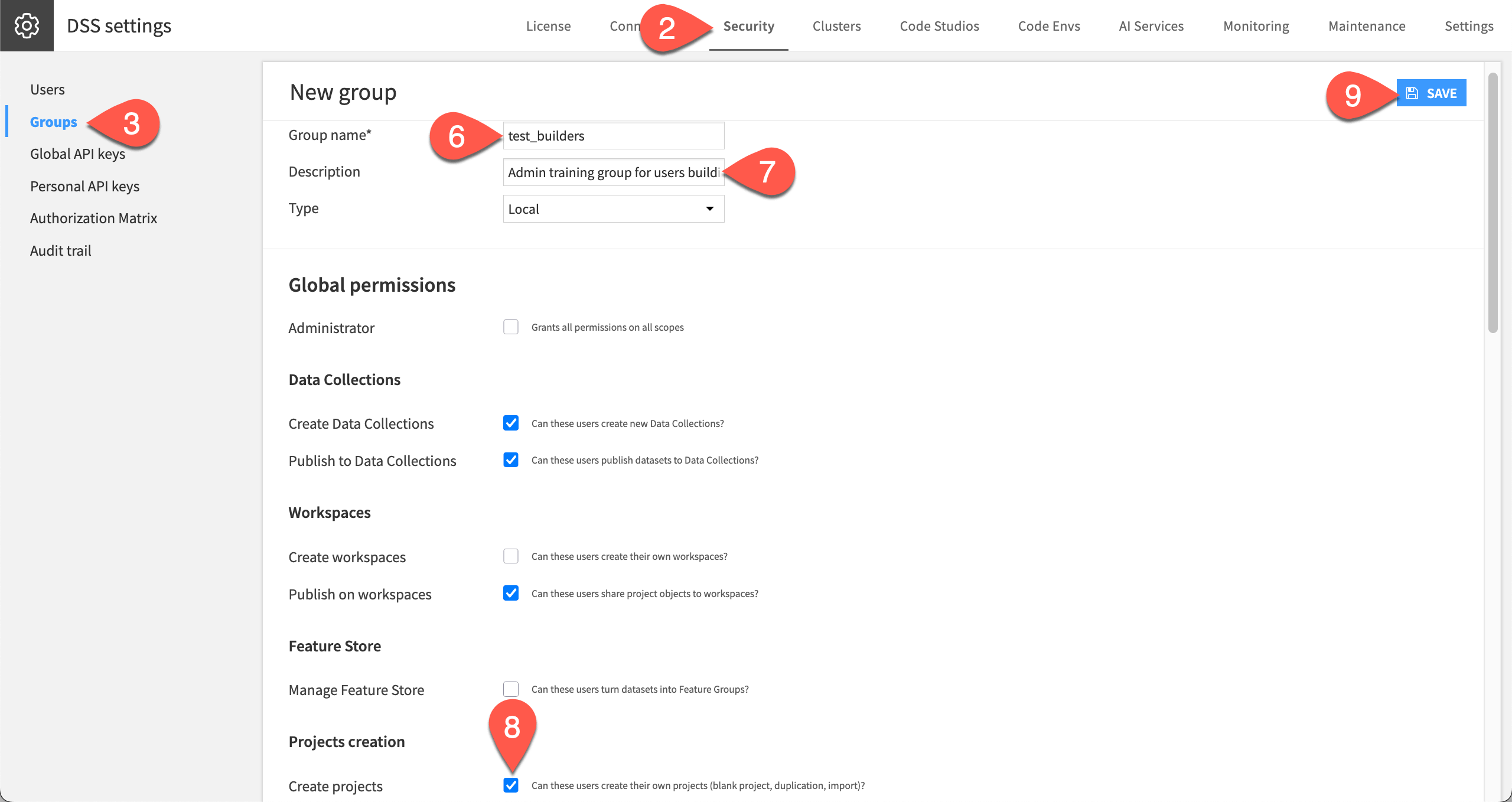 Dataiku screenshot of the new group page.